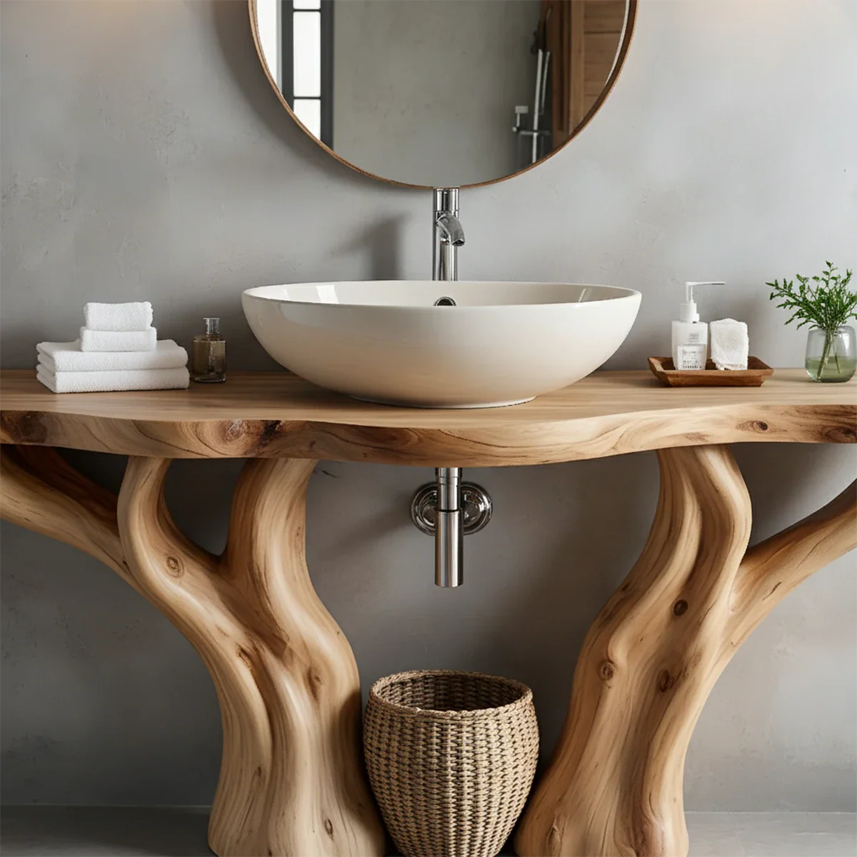 Solid Wood Tree-Form Bathroom Vanity – Natural Live-Edge Countertop - Rustira