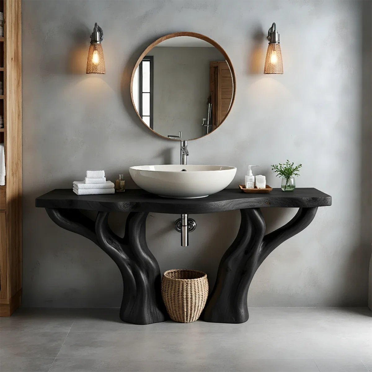 Solid Wood Tree-Form Bathroom Vanity – Natural Live-Edge Countertop - Rustira