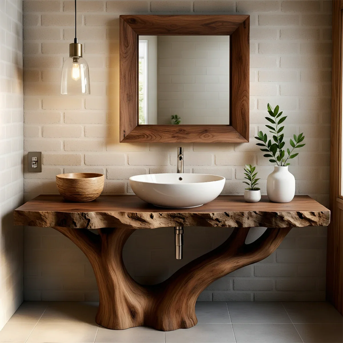 Solid Wood Tree Trunk Bathroom Vanity – Natural Live-Edge Design - Rustira