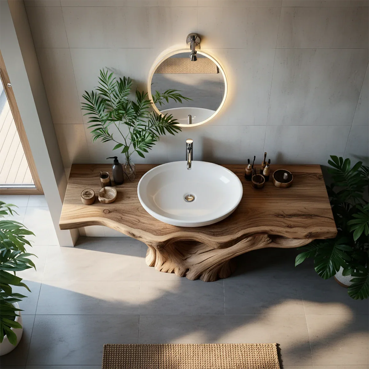 Solid Wood Tree Trunk Bathroom Vanity – Sculpted Live-Edge Base - Rustira