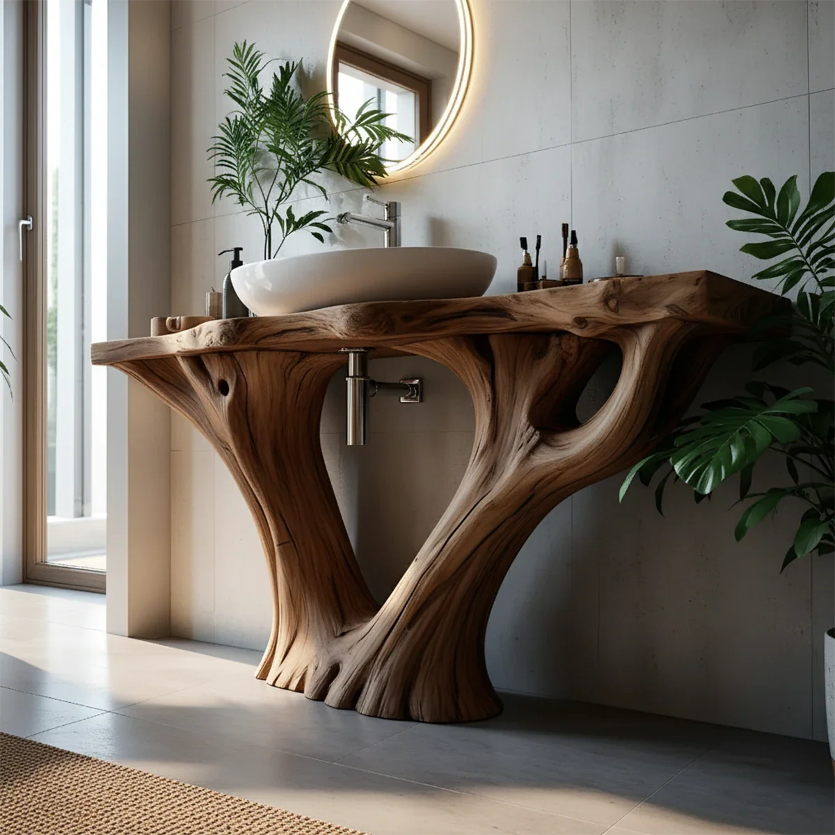 Solid Wood Tree Trunk Bathroom Vanity – Sculpted Live-Edge Base - Rustira