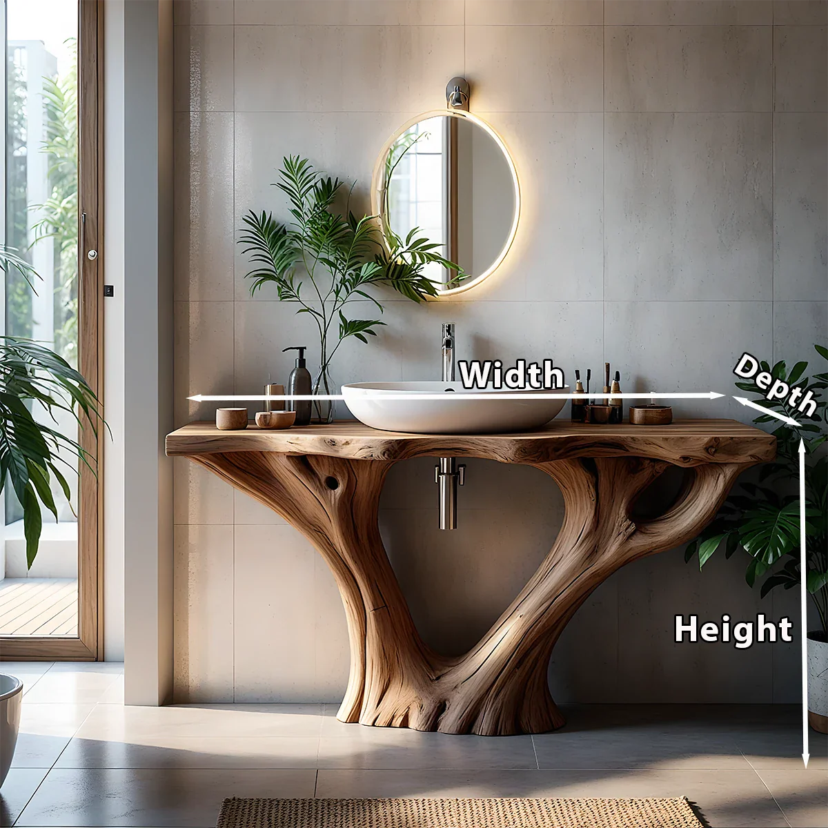 Solid Wood Tree Trunk Bathroom Vanity – Sculpted Live-Edge Base - Rustira
