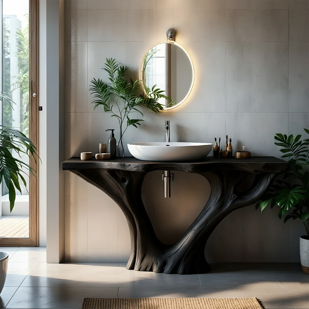 Solid Wood Tree Trunk Bathroom Vanity – Sculpted Live-Edge Base - Rustira