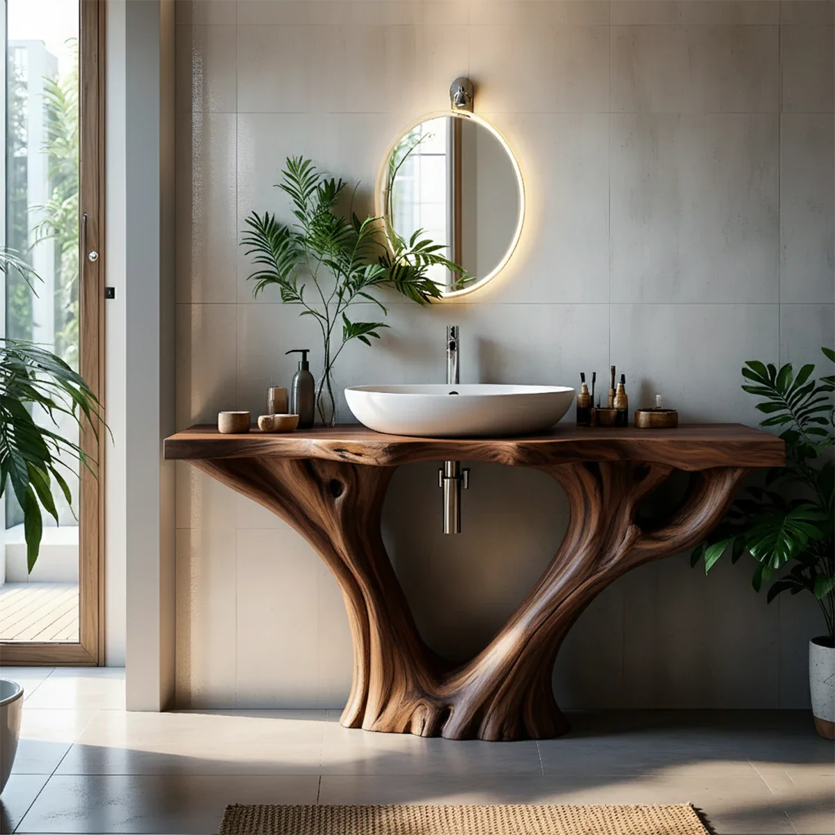 Solid Wood Tree Trunk Bathroom Vanity – Sculpted Live-Edge Base - Rustira