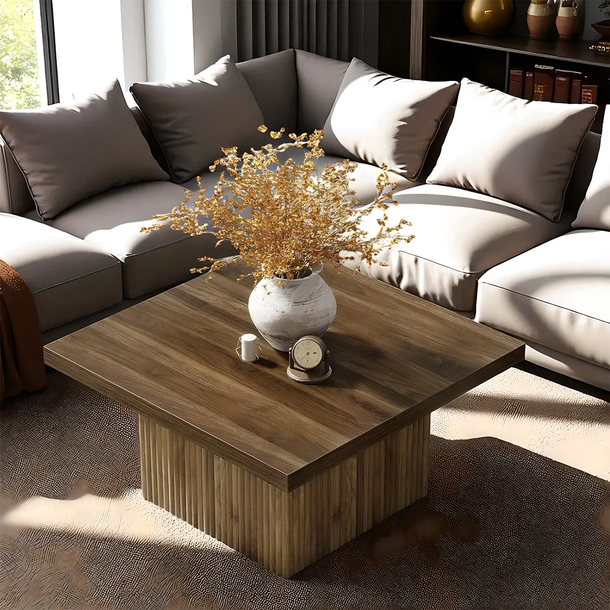 Square grooved wooden tea table, grooved base, modern Nordic style 