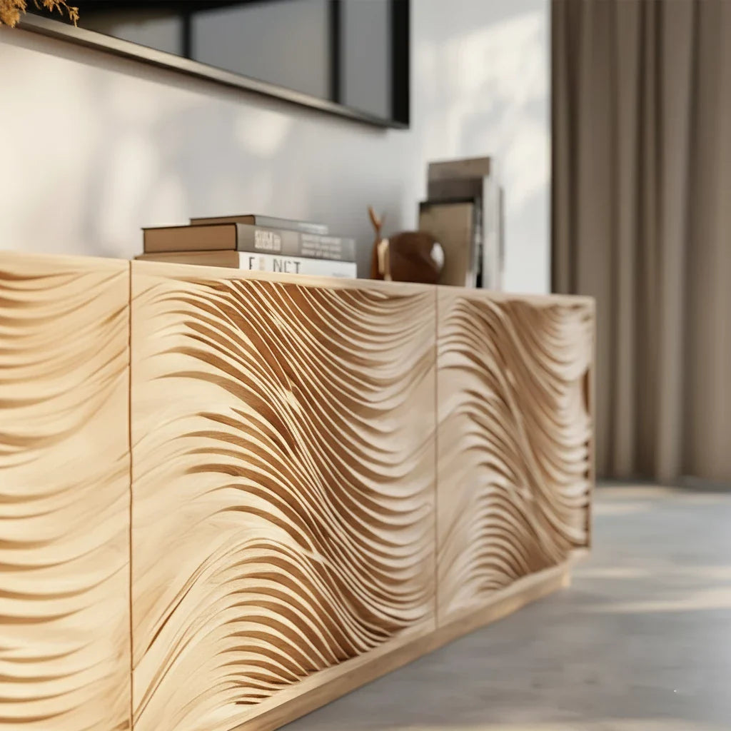 Sunlit Wave Carved Solid Wood TV Stand – Natural Breeze Edition - Rustira
