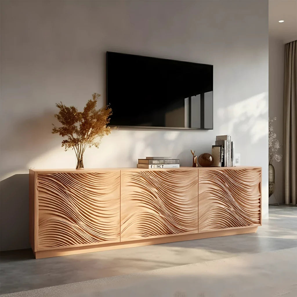 Sunlit Wave Carved Solid Wood TV Stand – Natural Breeze Edition - Rustira