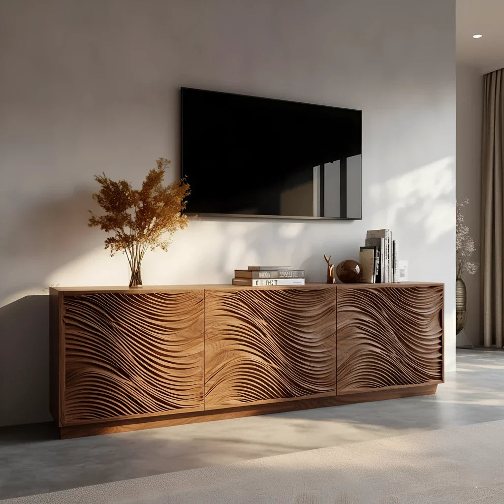 Sunlit Wave Carved Solid Wood TV Stand – Natural Breeze Edition - Rustira