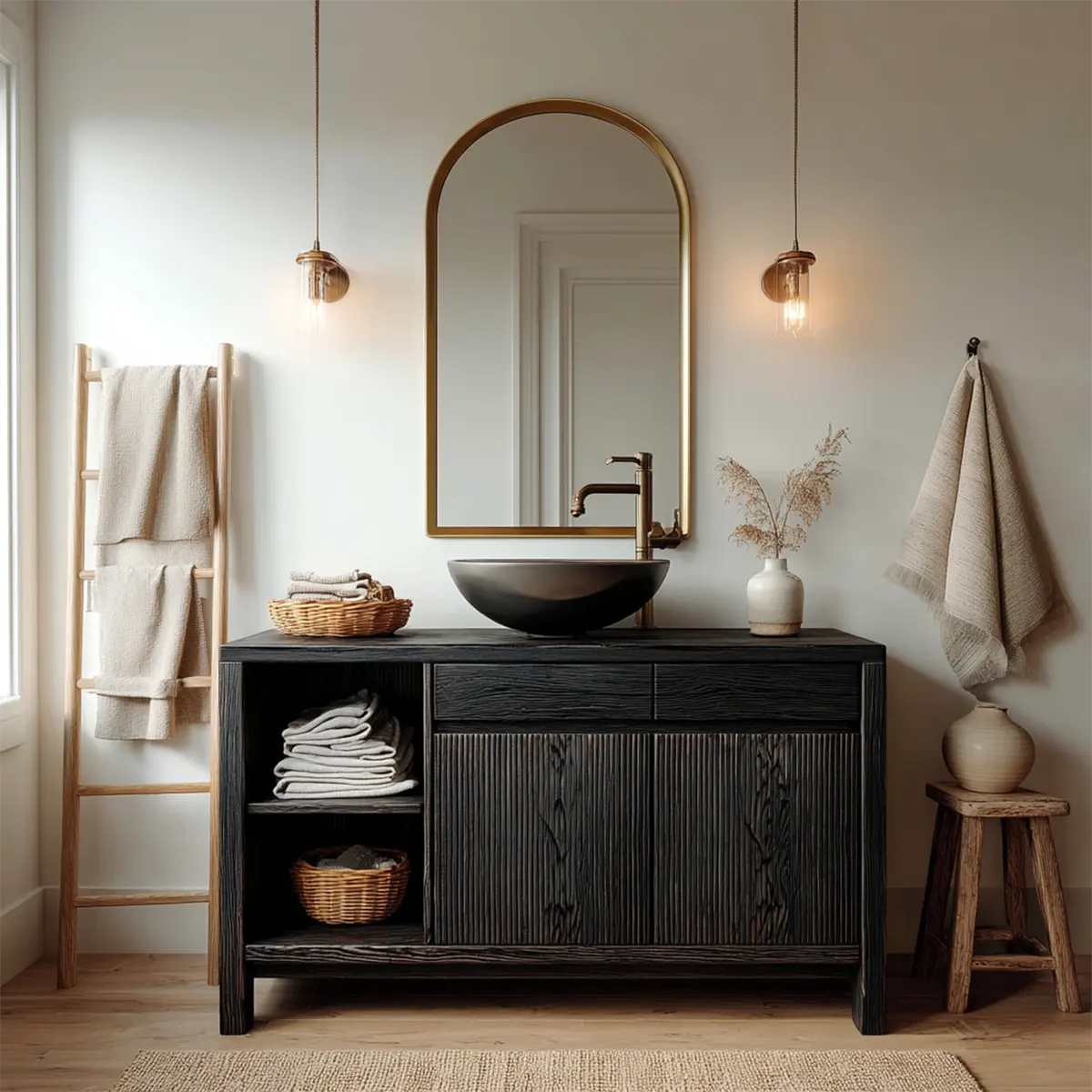 Traditional Bathroom Vanity Cabinet with Storage in Natural Solid Wood - Rustirawood