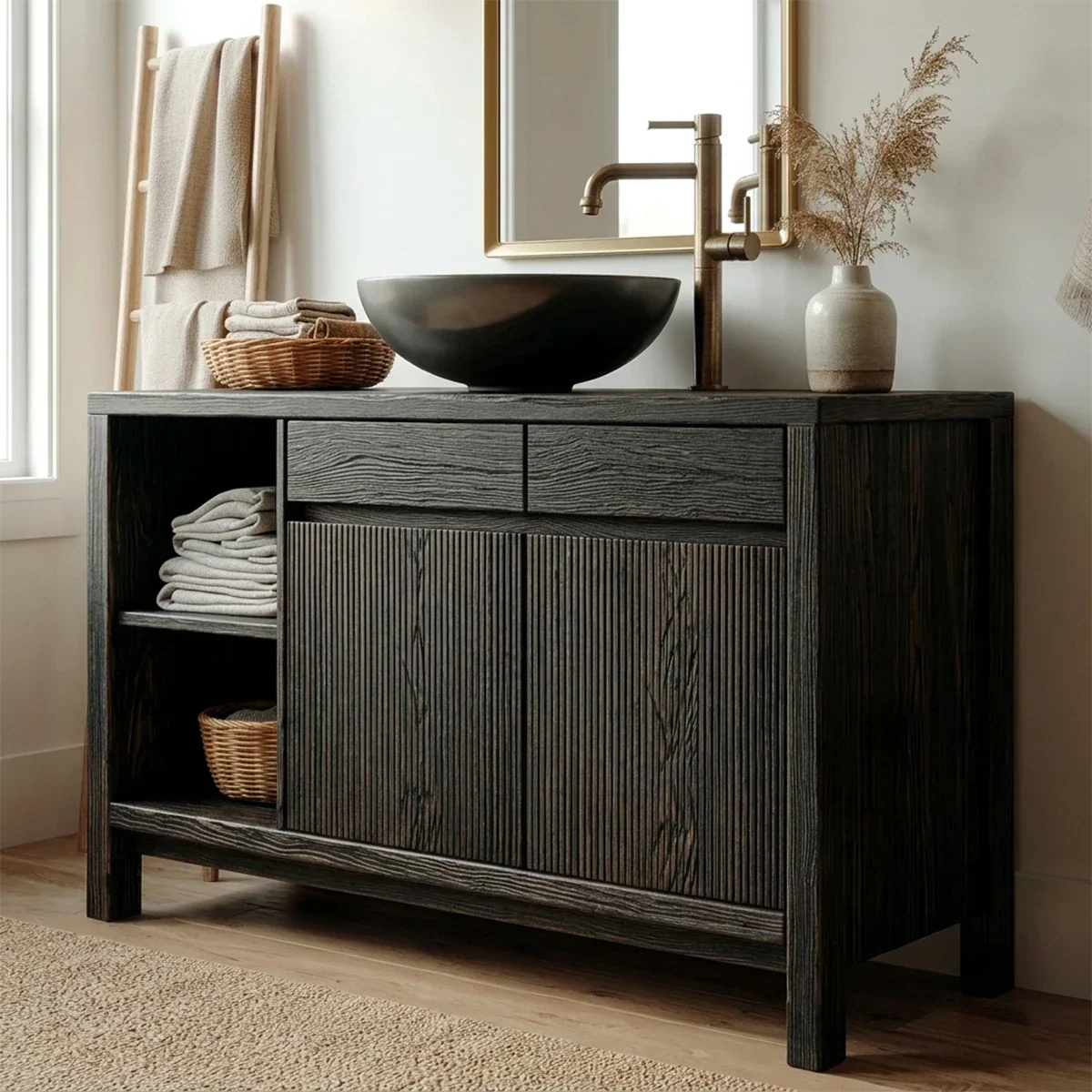 Traditional Bathroom Vanity Cabinet with Storage in Natural Solid Wood - Rustirawood