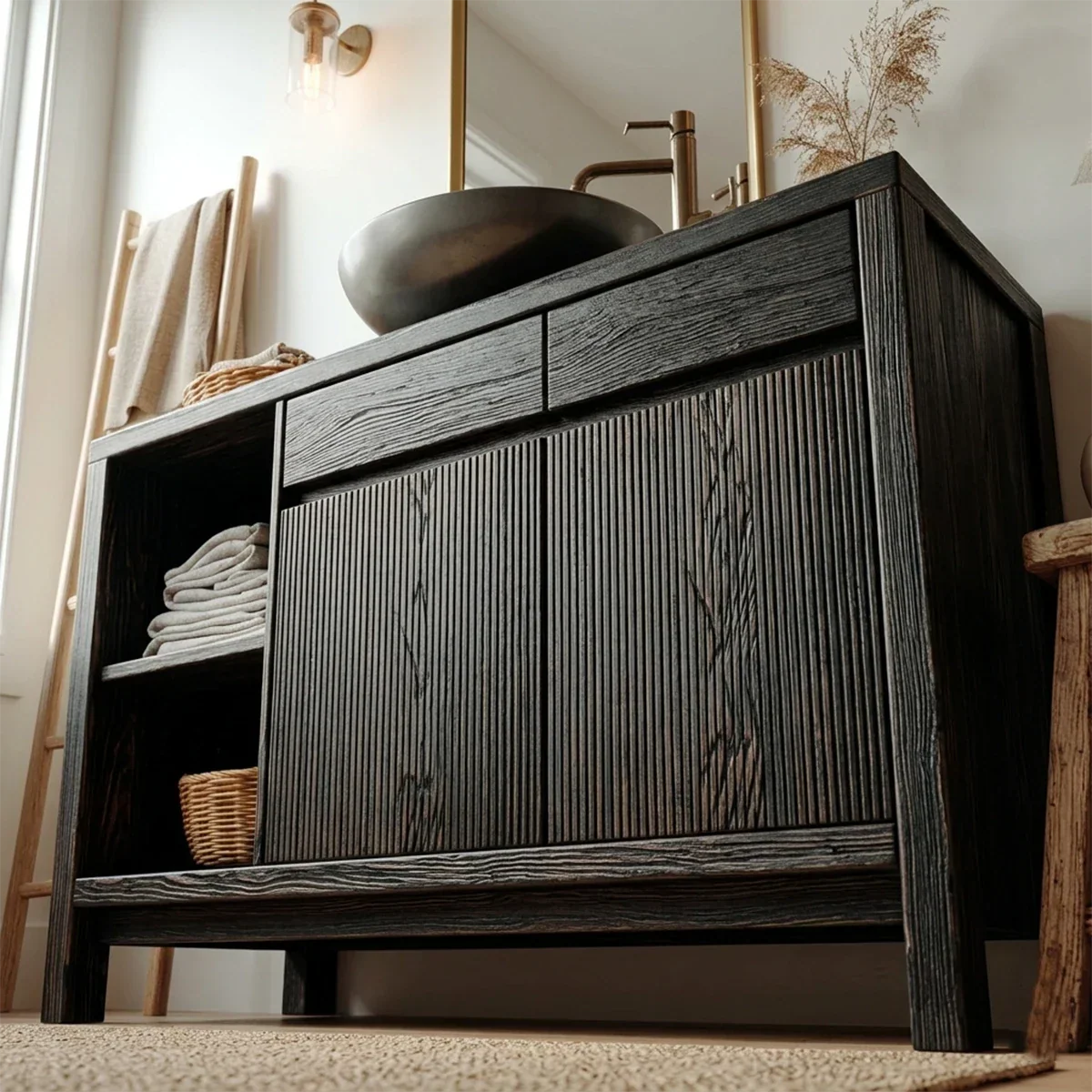 Traditional Bathroom Vanity Cabinet with Storage in Natural Solid Wood - Rustirawood