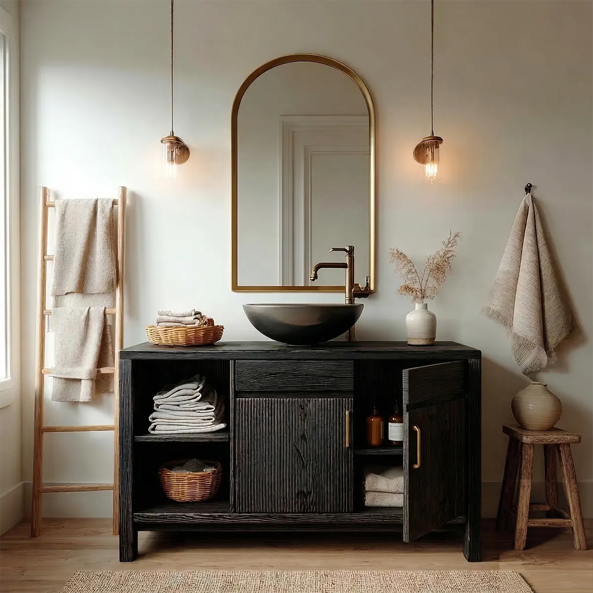 Traditional Bathroom Vanity Cabinet with Storage in Natural Solid Wood - Rustirawood