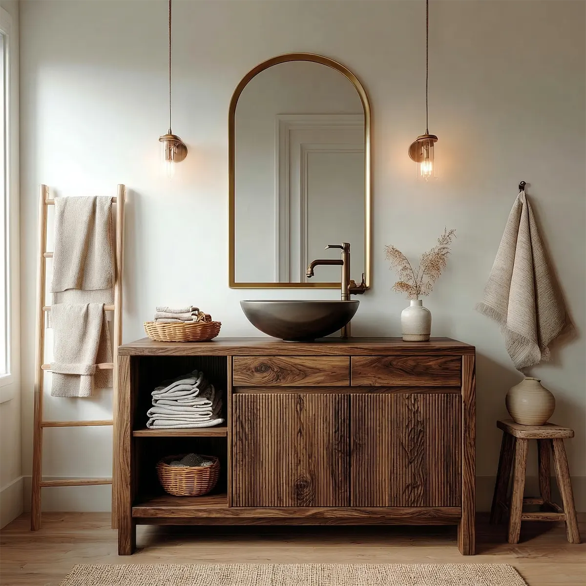 Traditional Bathroom Vanity Cabinet with Storage in Natural Solid Wood - Rustirawood