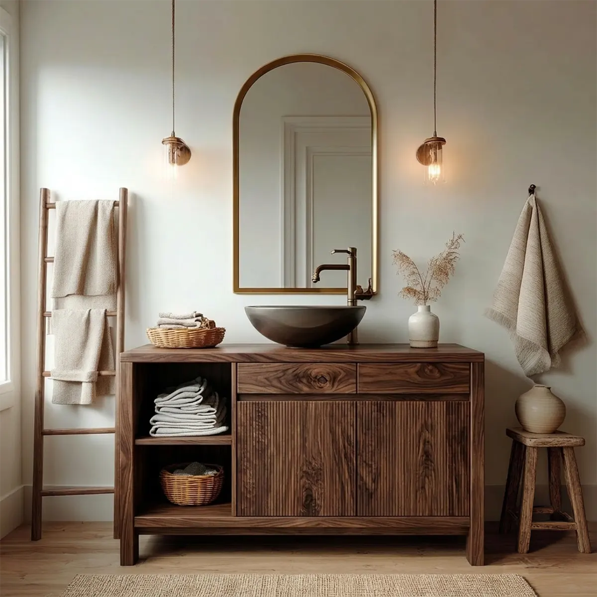 Traditional Bathroom Vanity Cabinet with Storage in Natural Solid Wood - Rustirawood