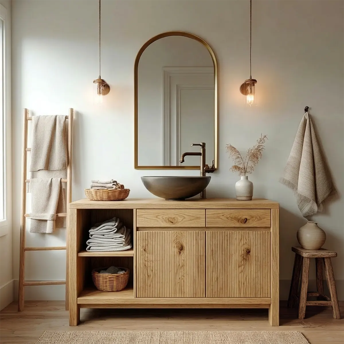 Traditional Bathroom Vanity Cabinet with Storage in Natural Solid Wood - Rustirawood