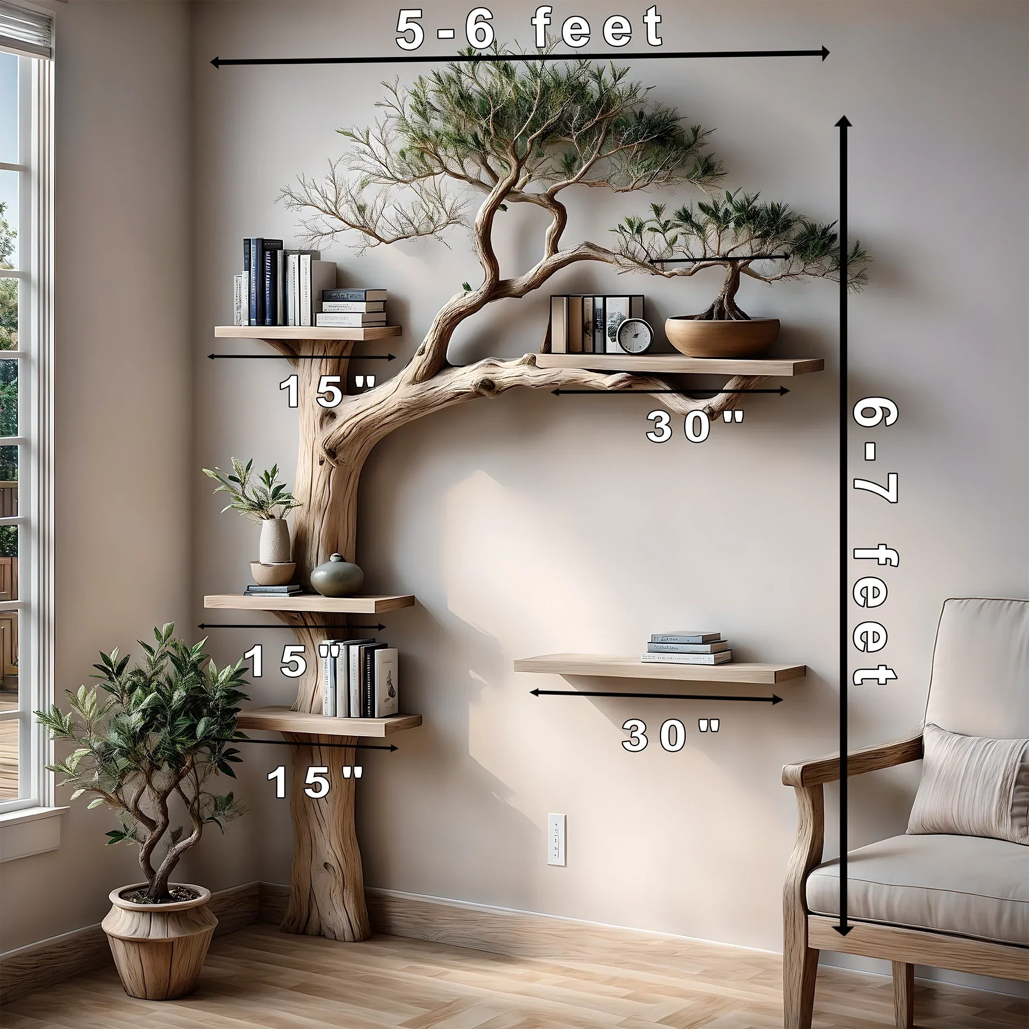 Tree bookshelf solid wood floating shelf branch solid wood bookcase wall mounted furniture and handmade decoration 
