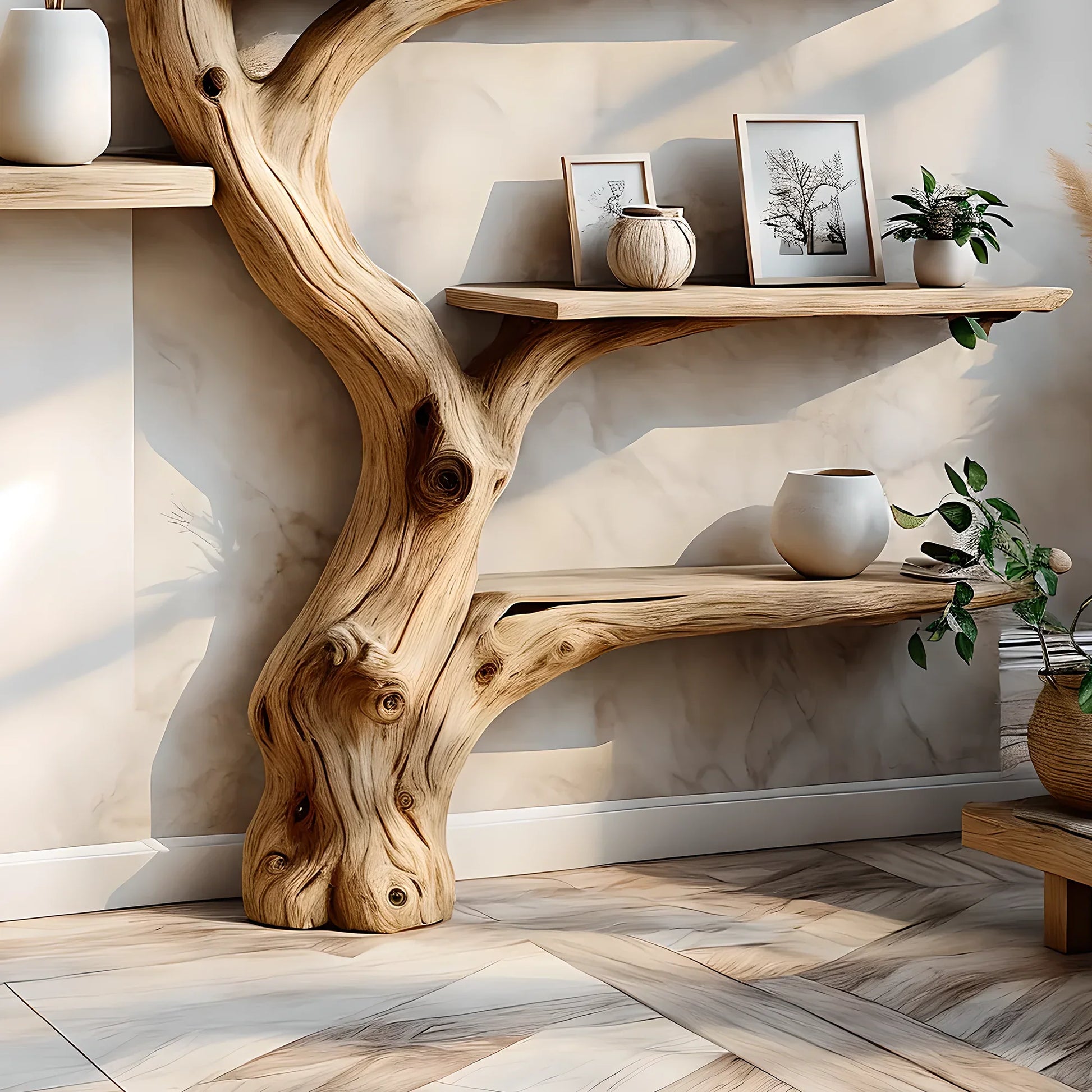 Tree branch bookshelf decorated with driftwood. Solid wood bookshelf decorates interior walls 