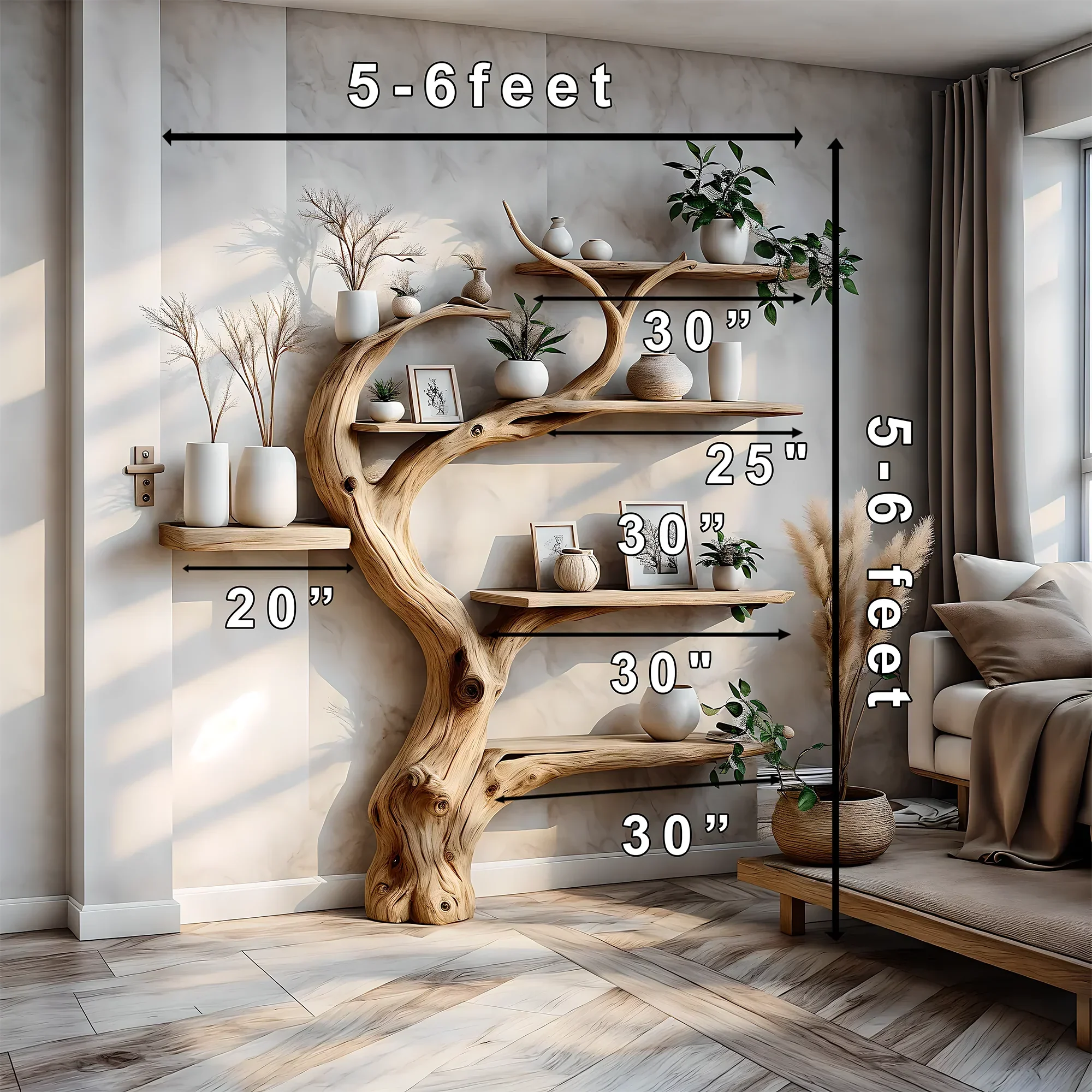 Tree branch bookshelf decorated with driftwood. Solid wood bookshelf decorates interior walls 