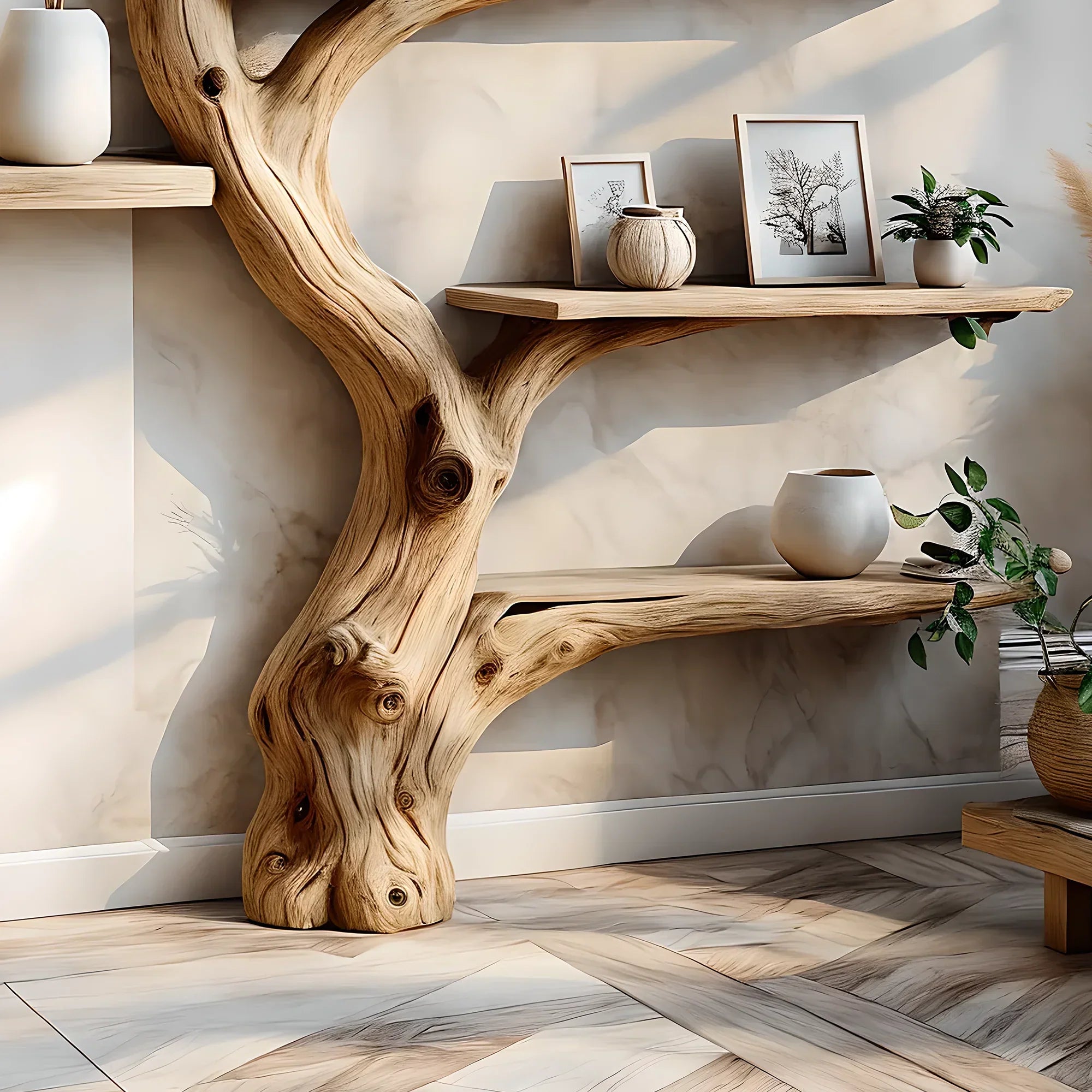 Tree branch bookshelf decorated with driftwood. Solid wood bookshelf decorates interior walls 