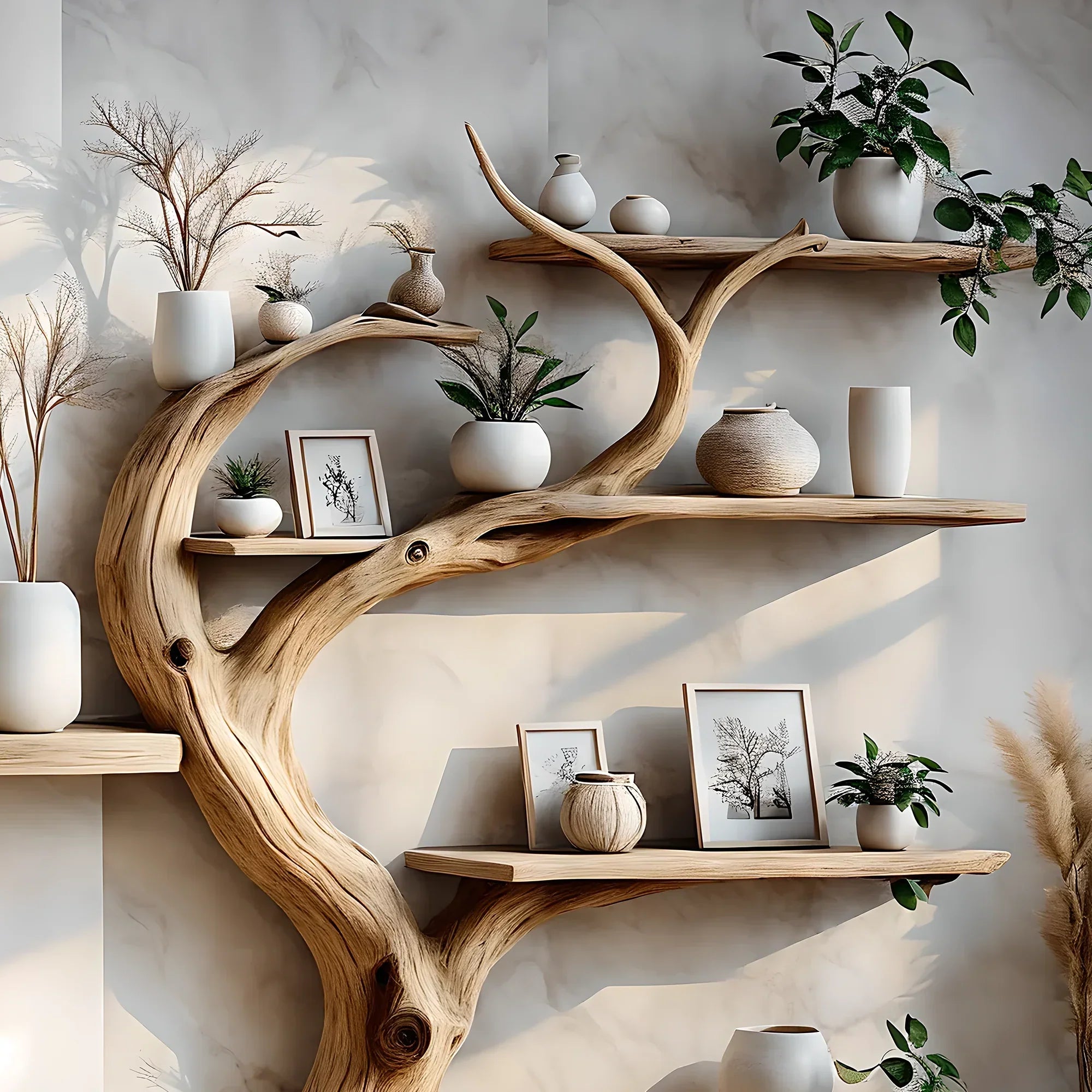 Tree branch bookshelf decorated with driftwood. Solid wood bookshelf decorates interior walls 