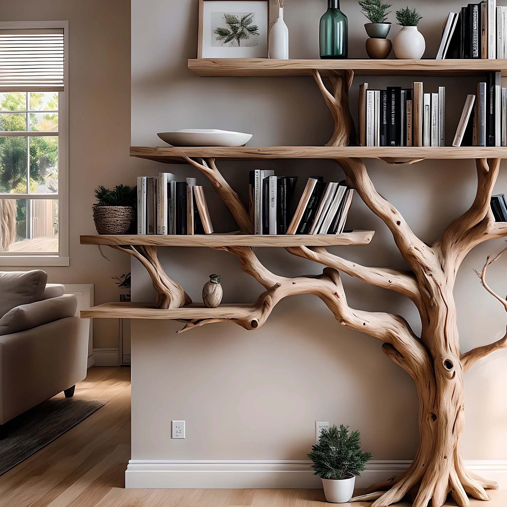 Tree branch floating bookshelf unique bookcase handmade furniture wall mount book shelf decor home 