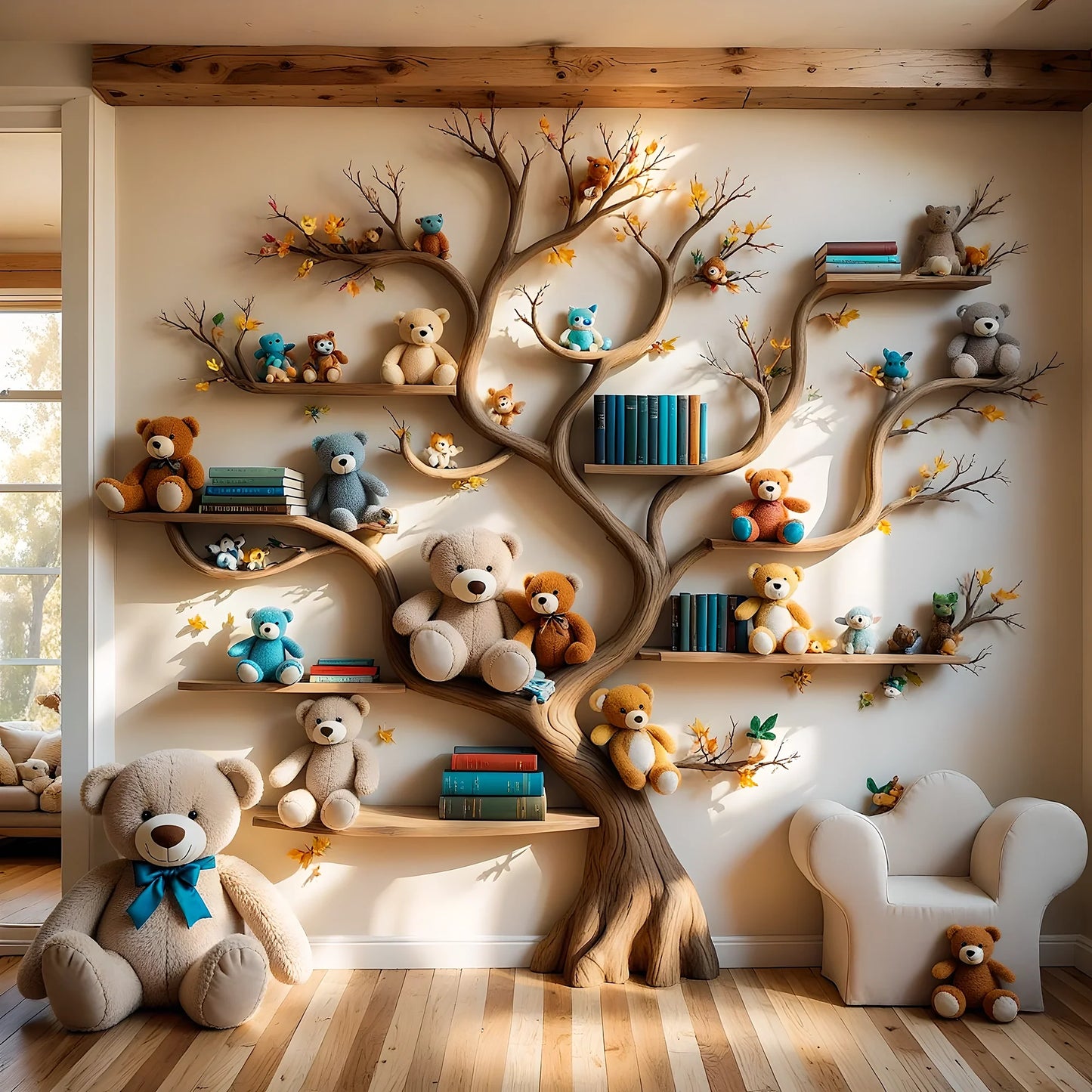 Tree-shaped bookshelf for children's room - Natural wood furniture, convenient and safe toy display shelf 