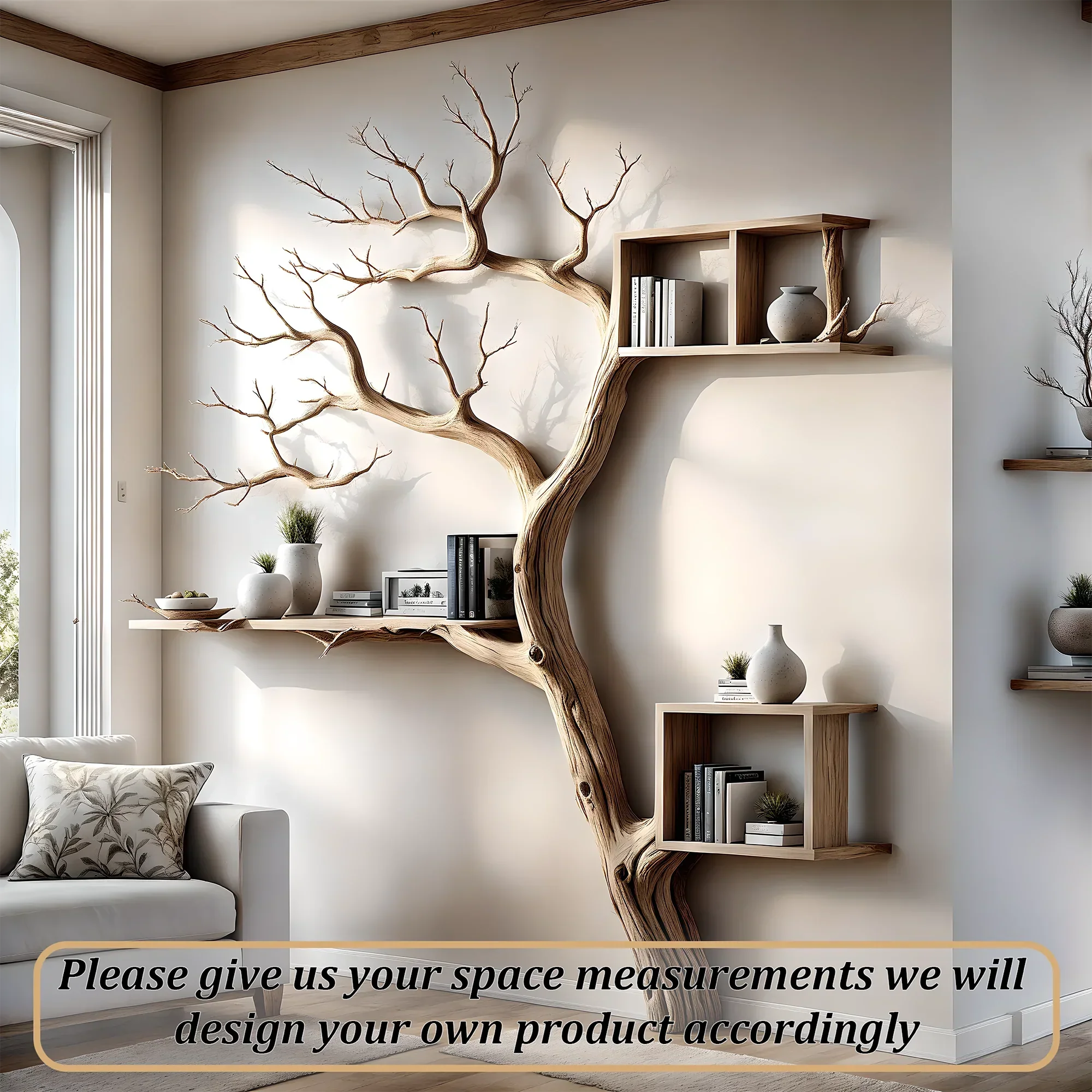 Tree-shaped bookshelf with box-shaped shelf decorates the corner of the wall 
