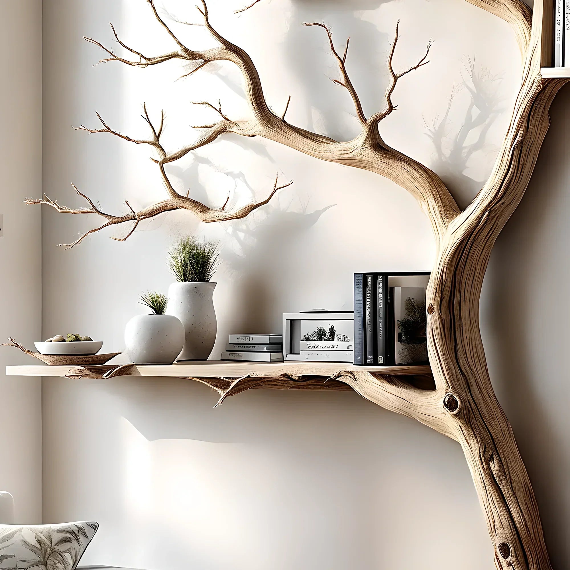 Tree-shaped bookshelf with box-shaped shelf decorates the corner of the wall 