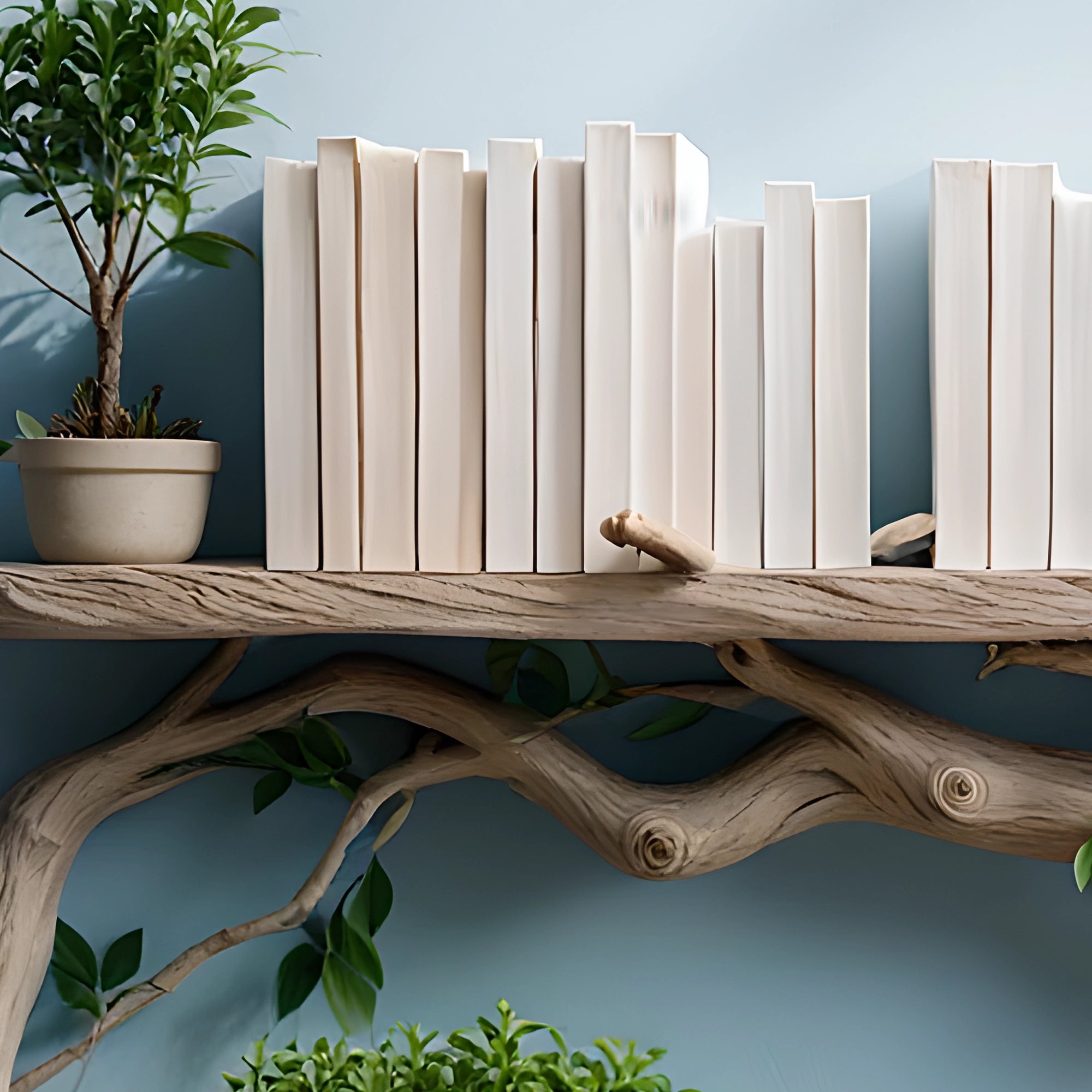 Wall-mounted bookshelf shaped like tree branches made of natural wood 