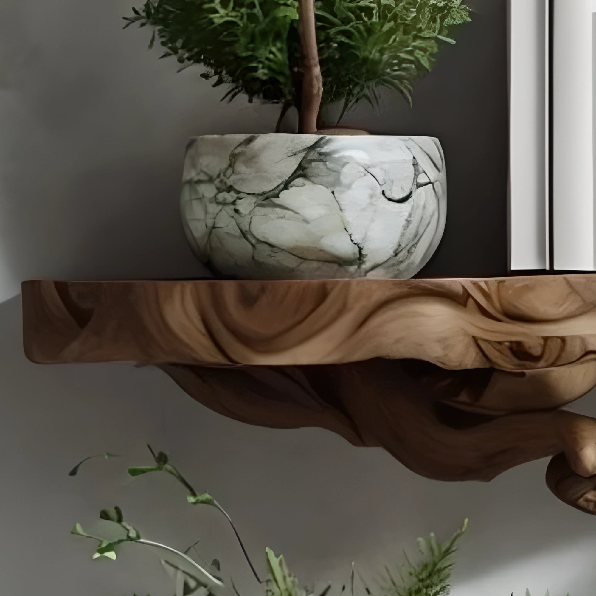 Solid wood floating shelf with decorative tree branches 