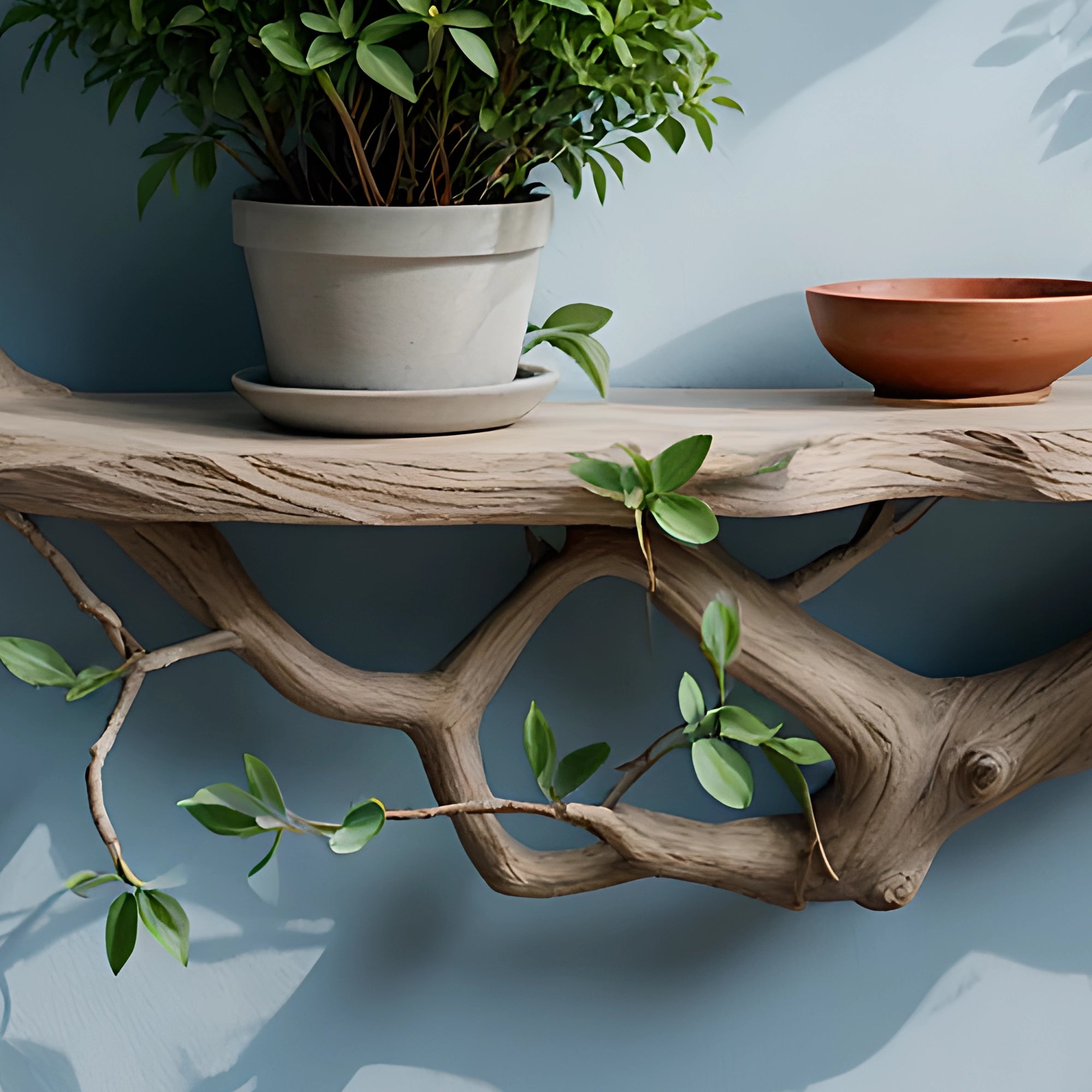 Wall-mounted bookshelf shaped like tree branches made of natural wood 