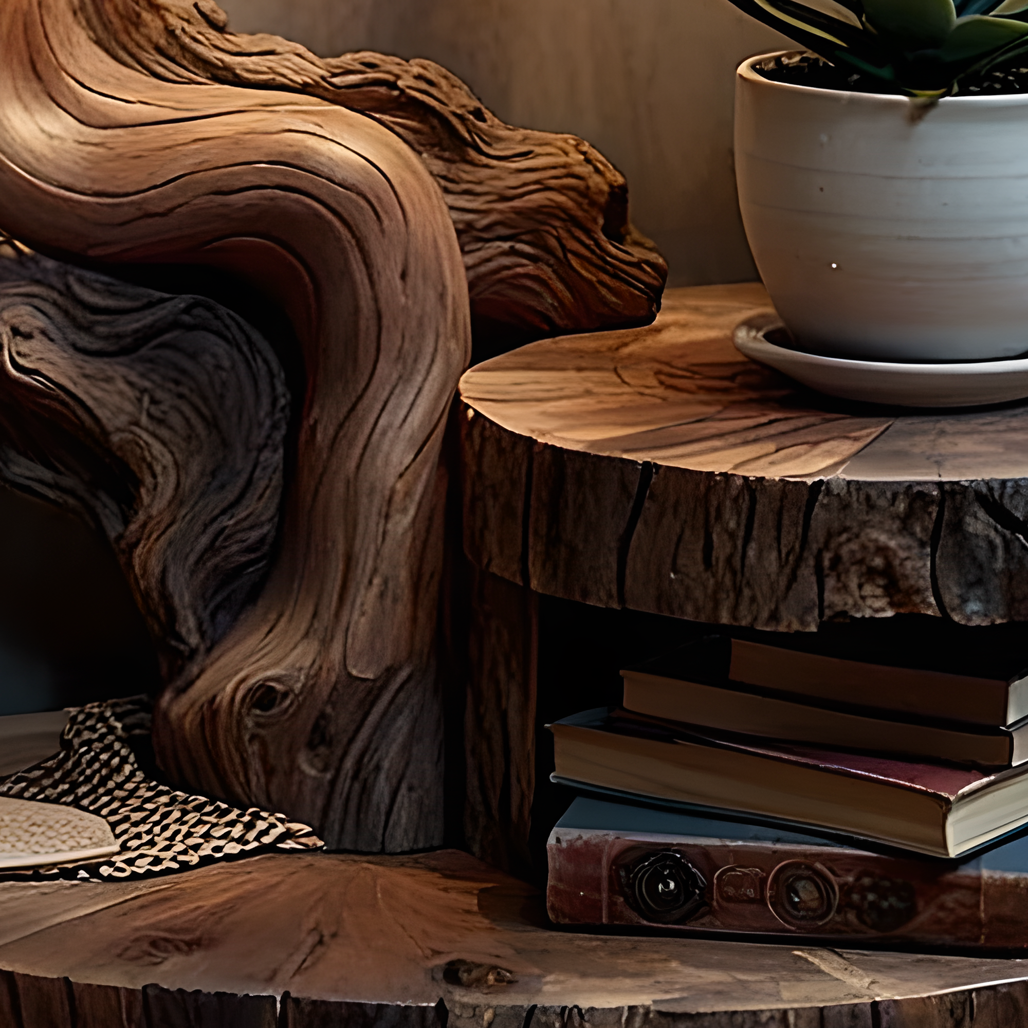 Reading lamp combined with small handmade wooden table 