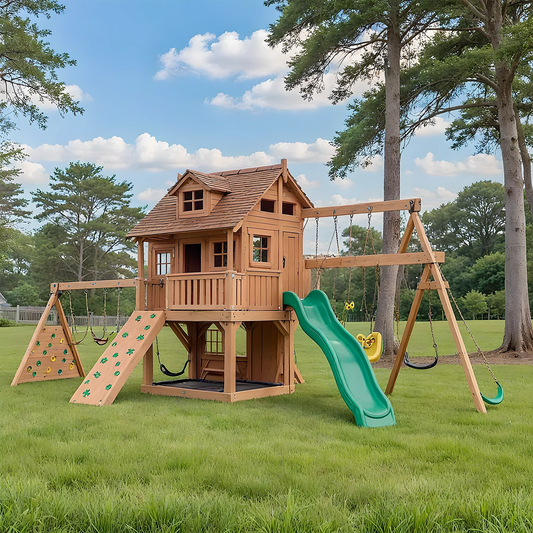 Large Wooden Swing Set for Backyard – Playhouse, Swings & Double Slides Included