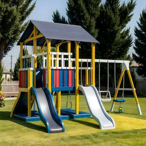 Heavy-Duty Wooden Swing Set – Outdoor Play Structure with Slides & Climbing Features