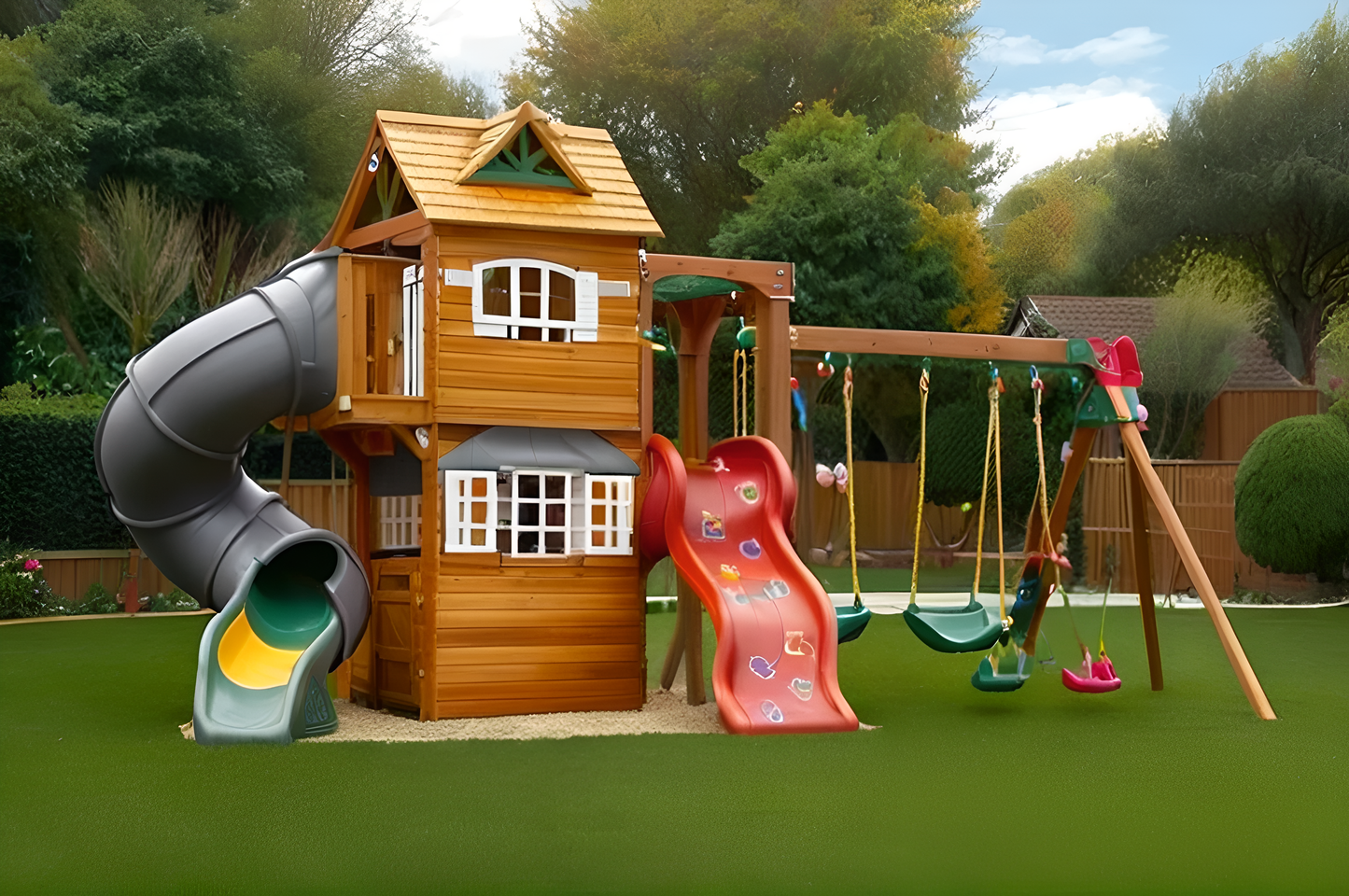Outdoor Wooden Swingset with Spiral Tube Slide & Dual Swings