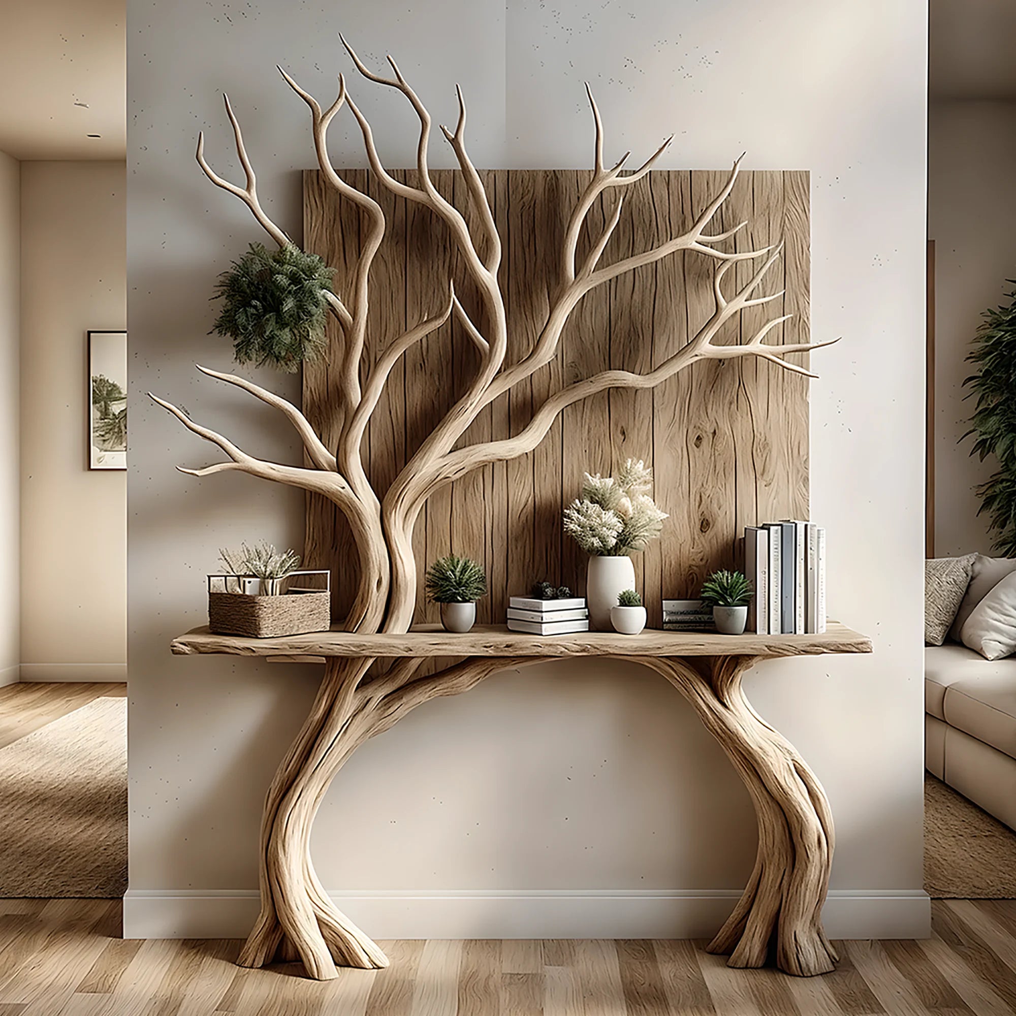 Natural wooden decorative bookshelf, tree-shaped bookshelf, solid wood bookshelf, handmade bookshelf 