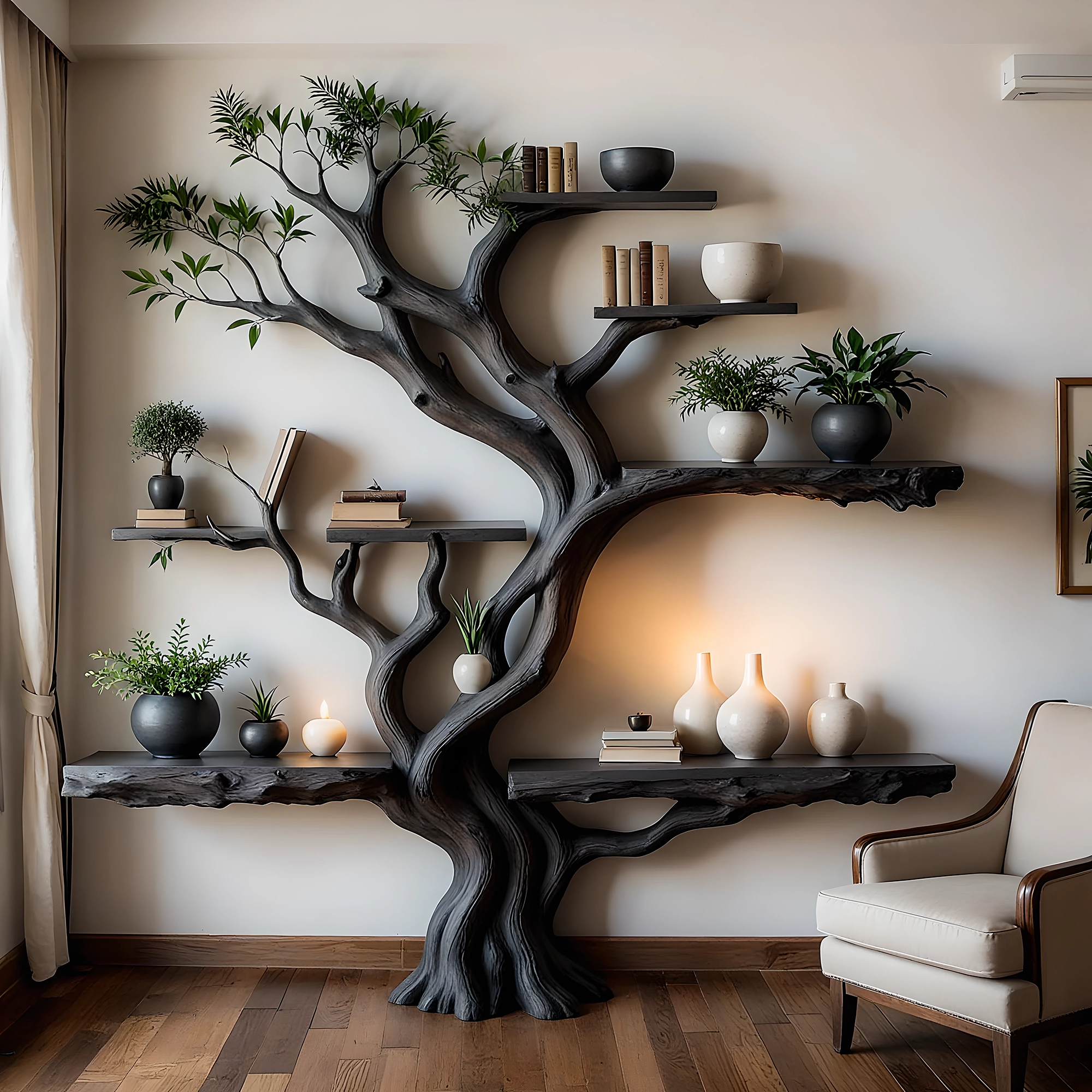 Tree Design Bookshelf – Rustic Charm in Solid Wood 