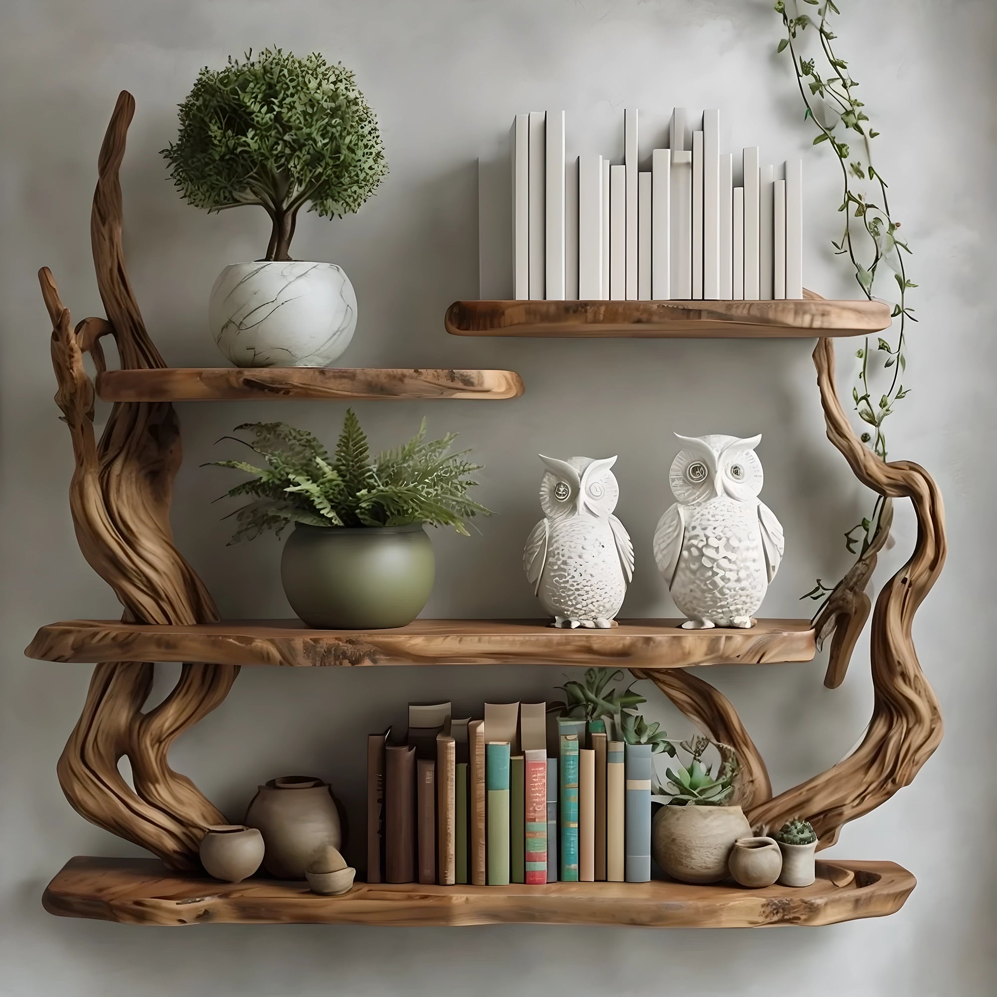 Handmade driftwood bookshelf, wall-mounted bookshelf 