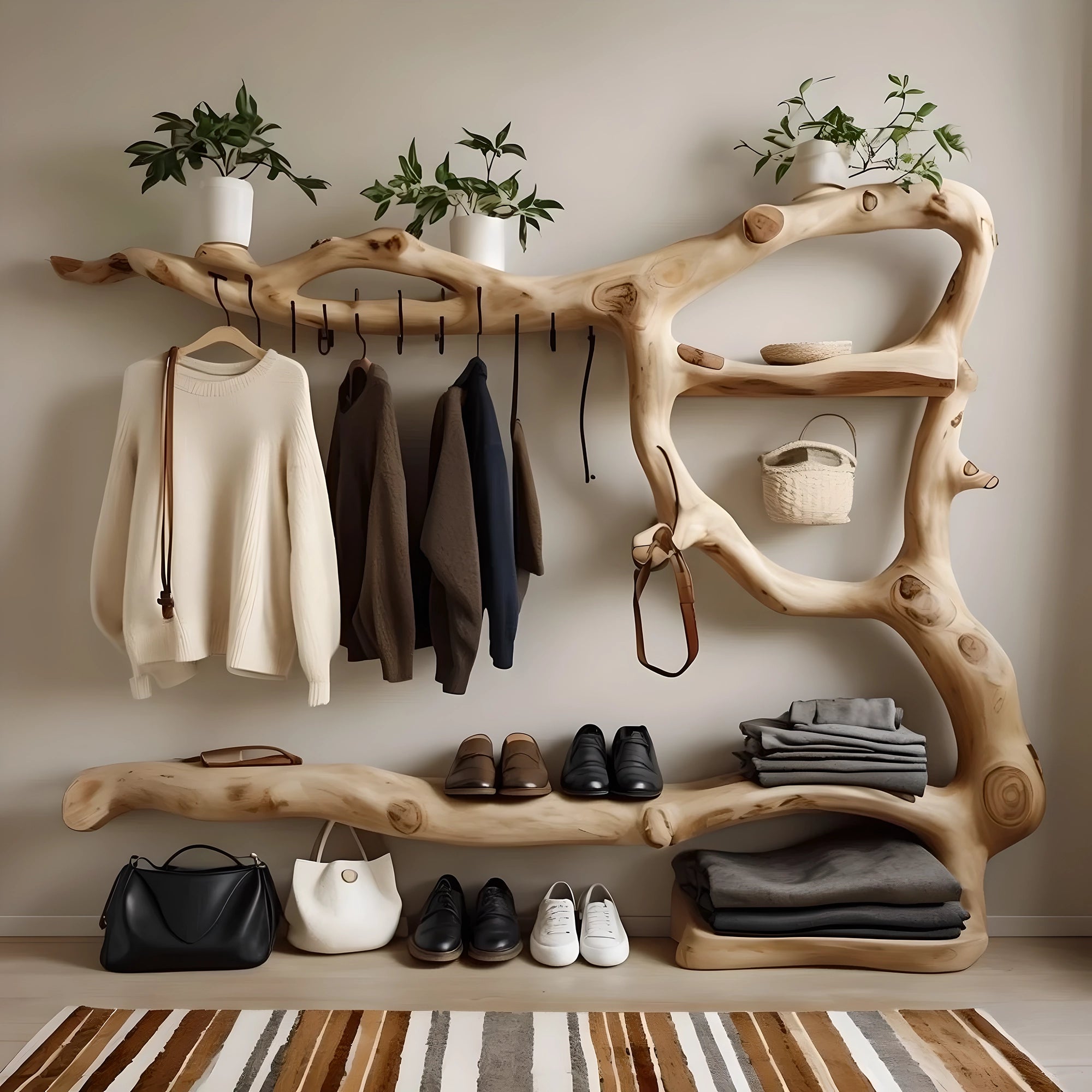 Clothes and shoe rack made of solid wood 