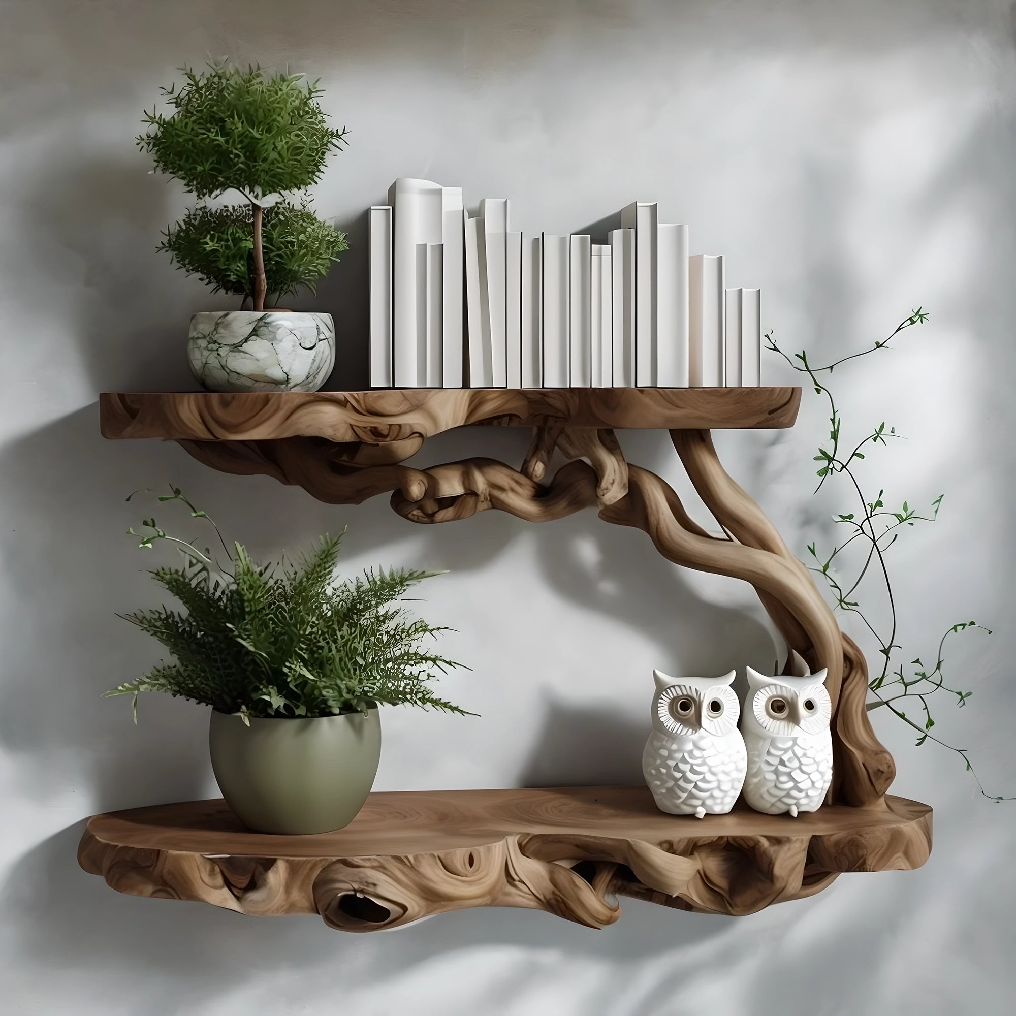 Solid wood floating shelf with decorative tree branches 