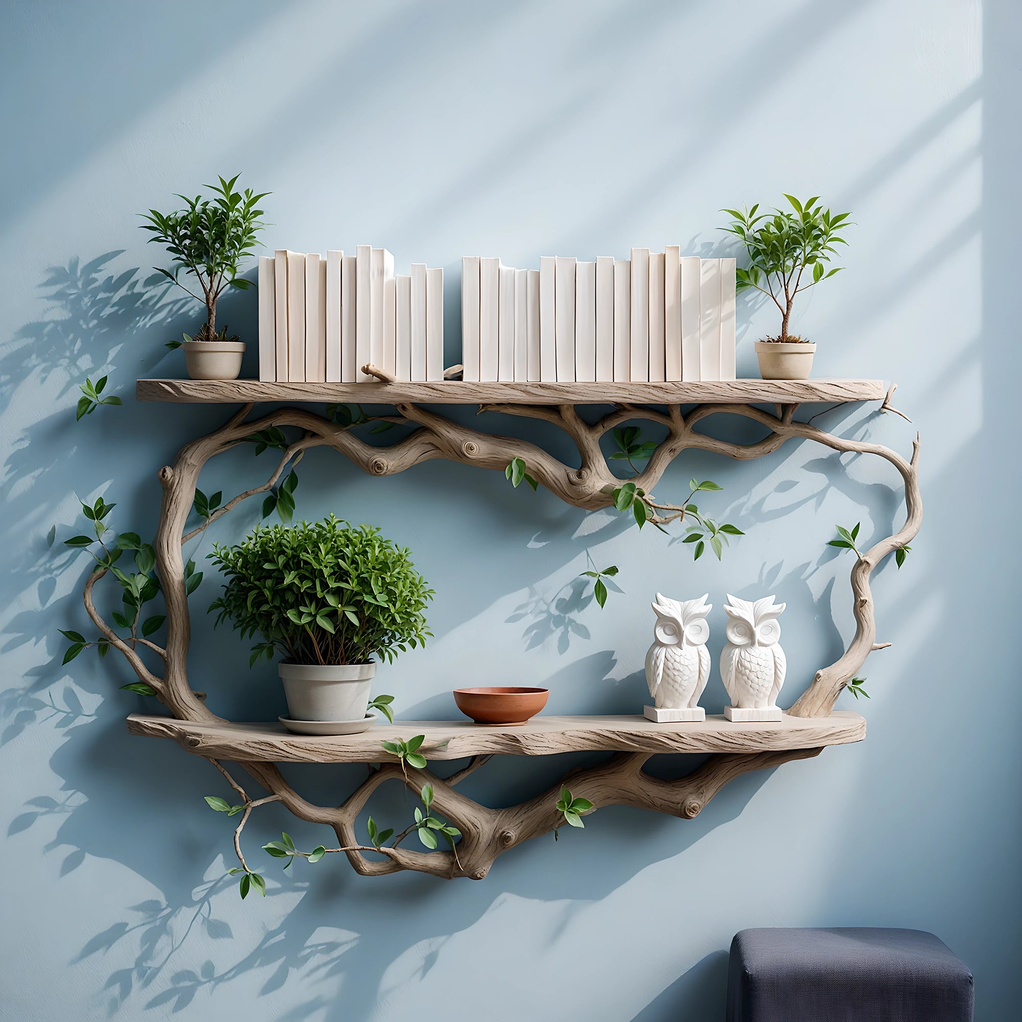 Wall-mounted bookshelf shaped like tree branches made of natural wood 