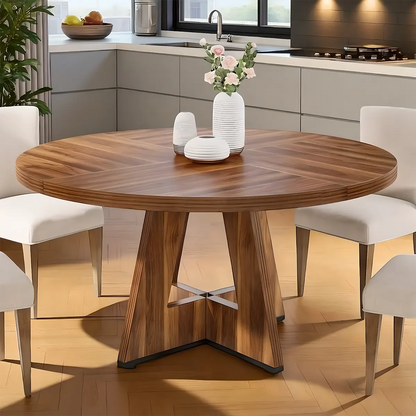Modern Round Wooden Dining Table – Elegant T-Shaped Pedestal Base for Stylish Dining Spaces 