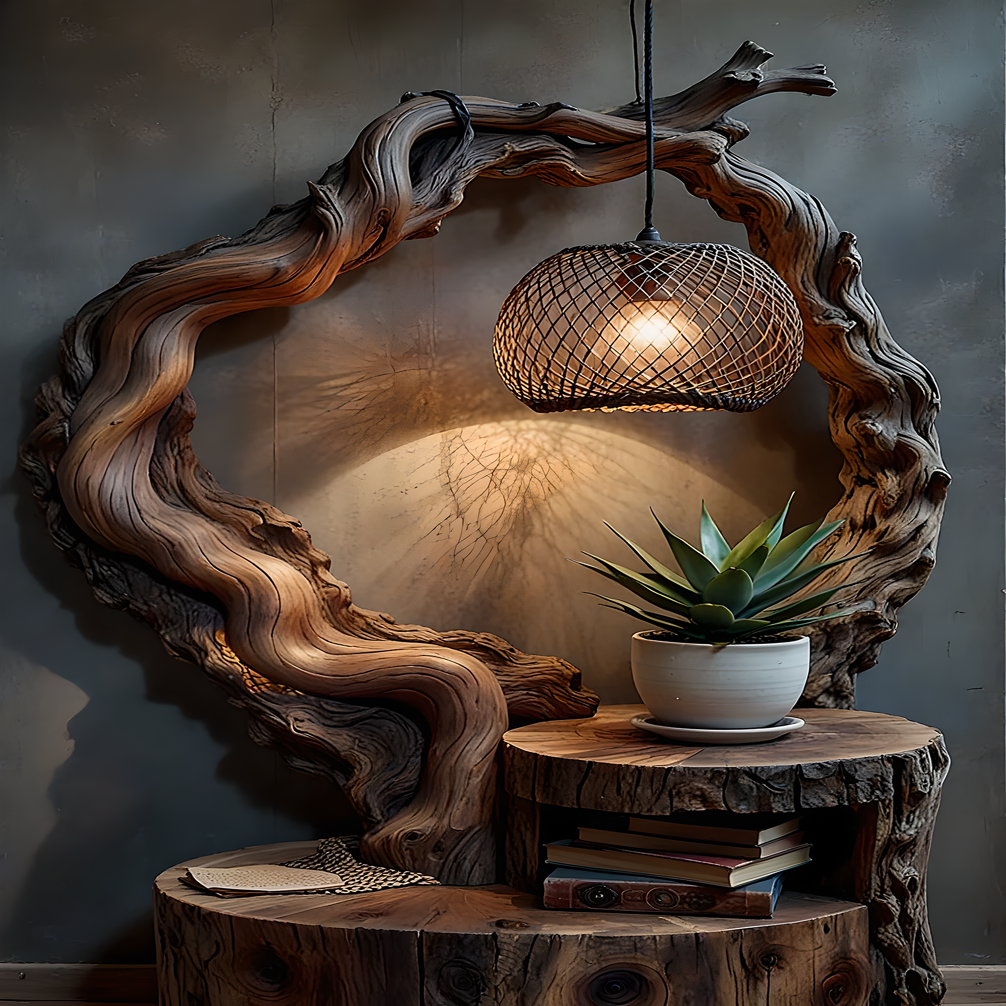 Reading lamp combined with small handmade wooden table 