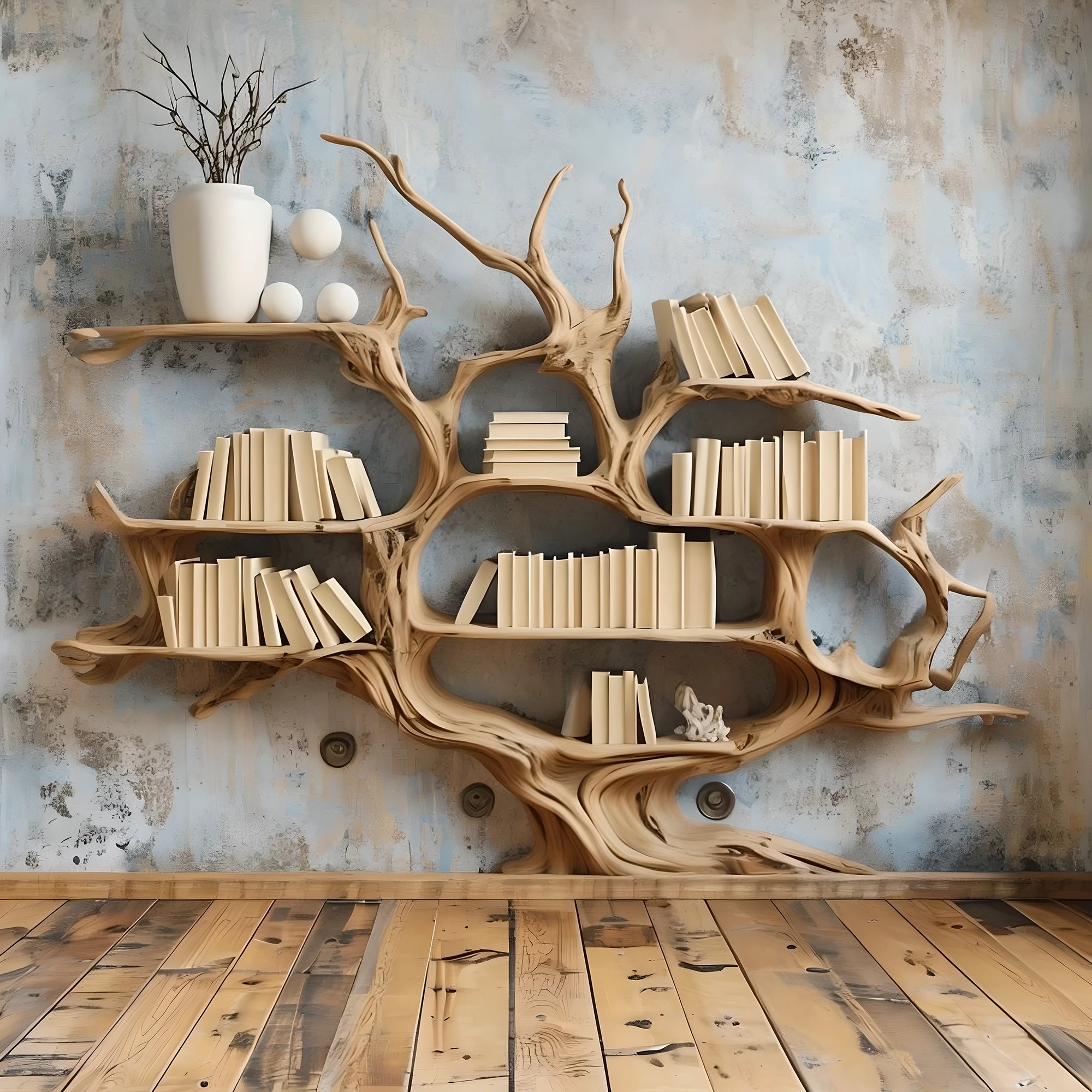 Natural wooden bookshelf. Bookshelf for home decoration 