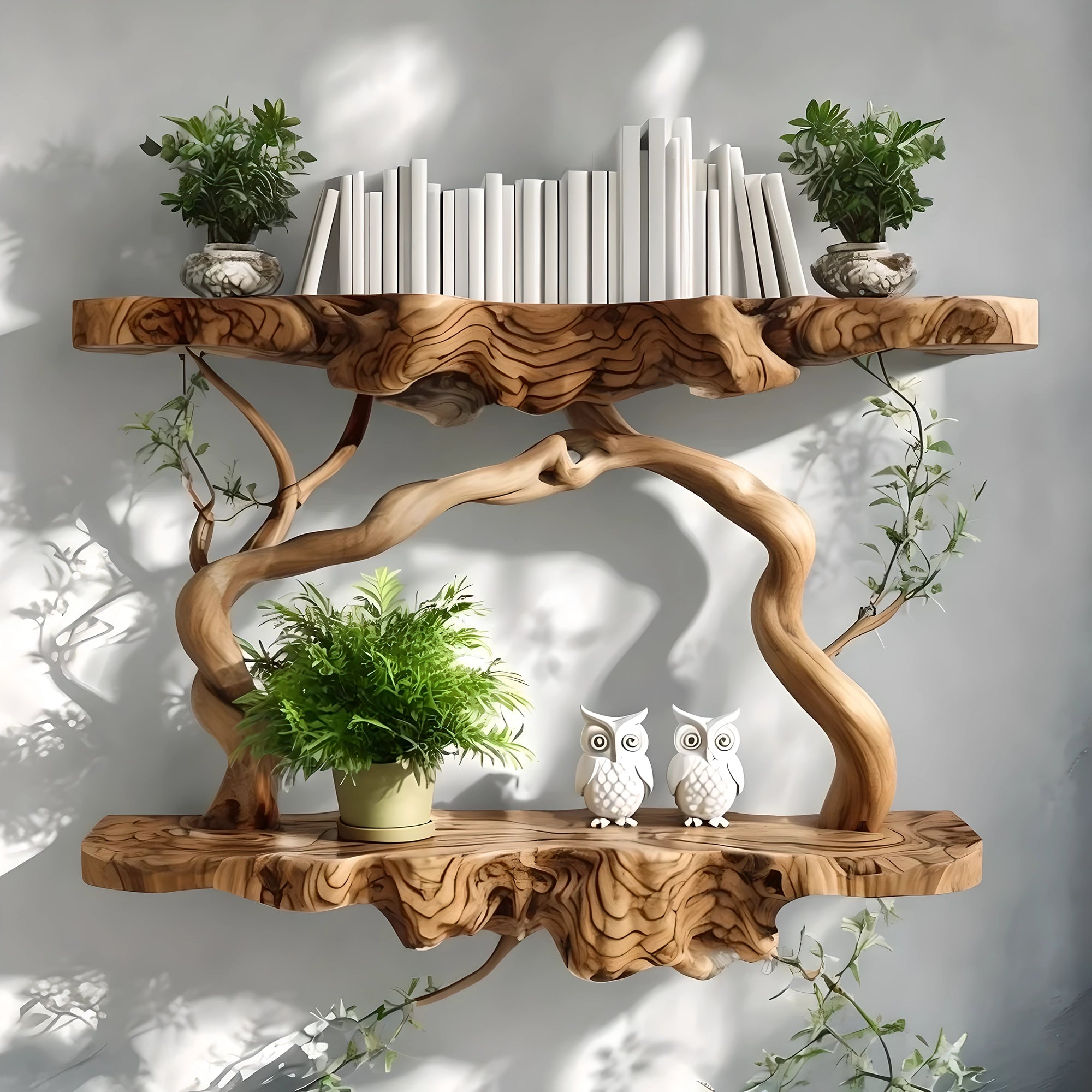 Solid wood rustic floating shelves, tree branch-shaped floating shelves 