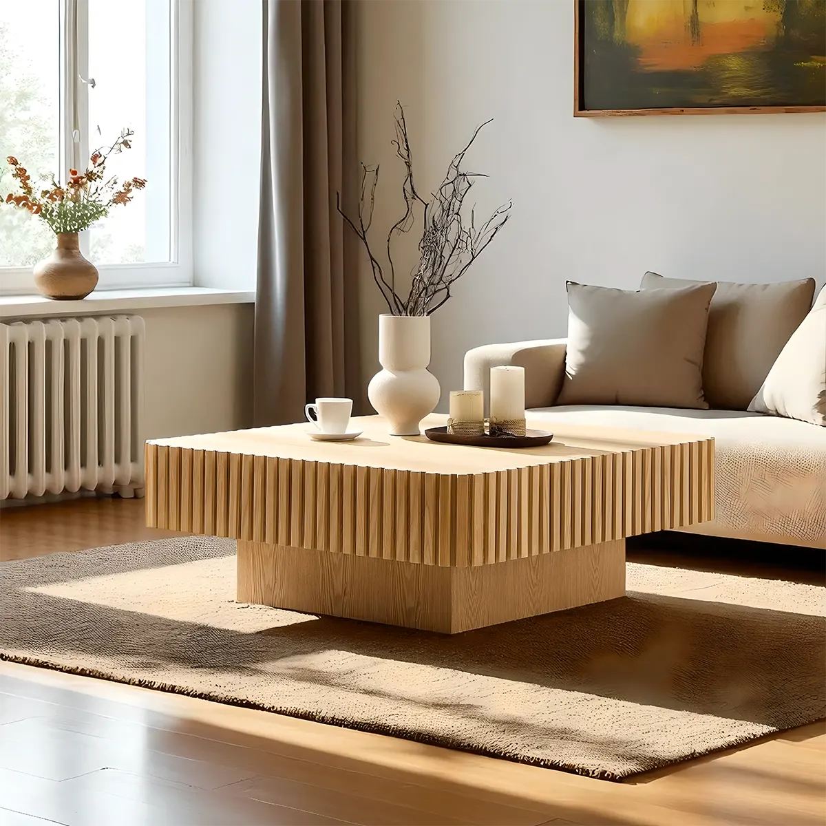 Vertical Wave Wood Coffee Table – Bright & Artistic Design 