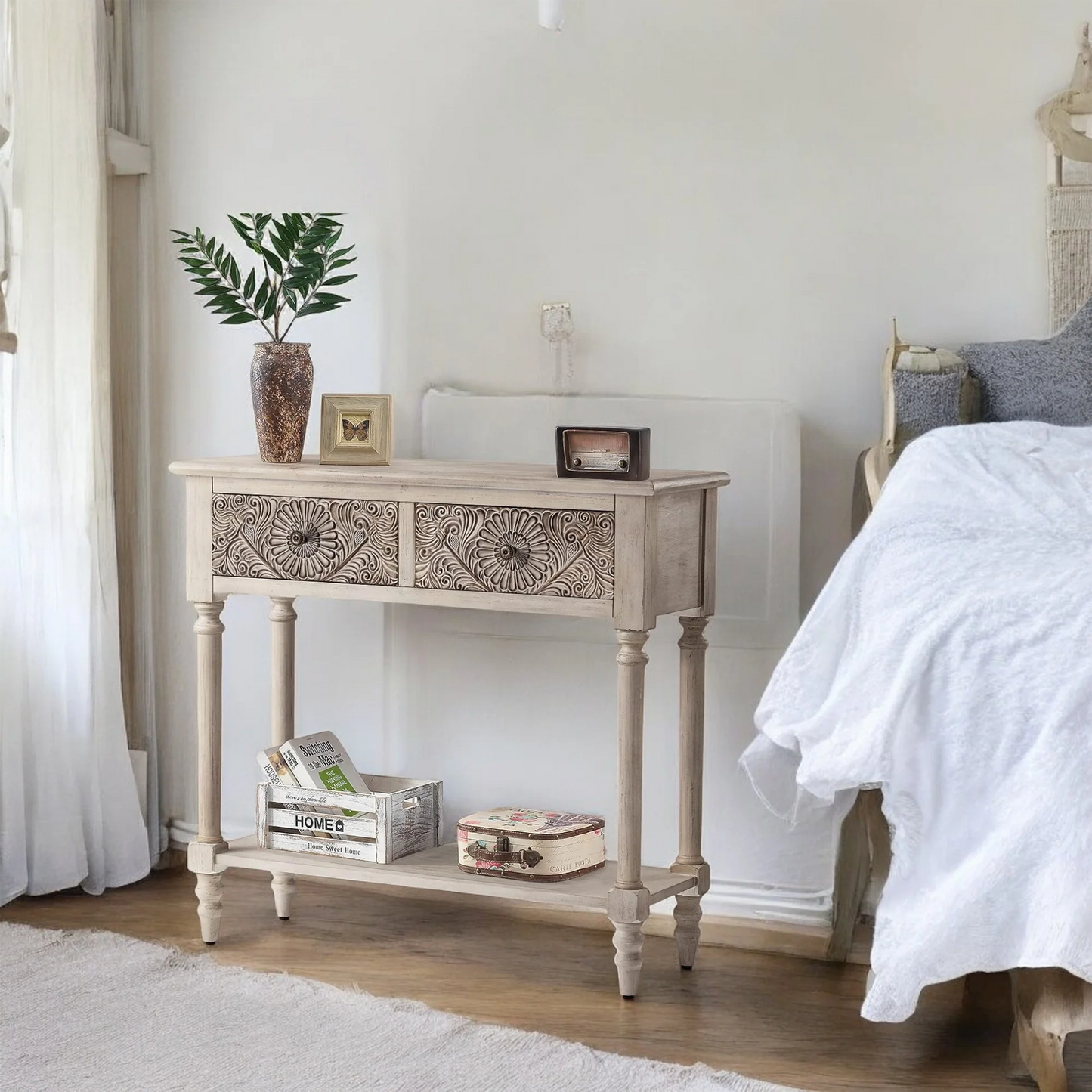 Vintage Carved Console Table with Floral Drawers and Bottom Shelf 