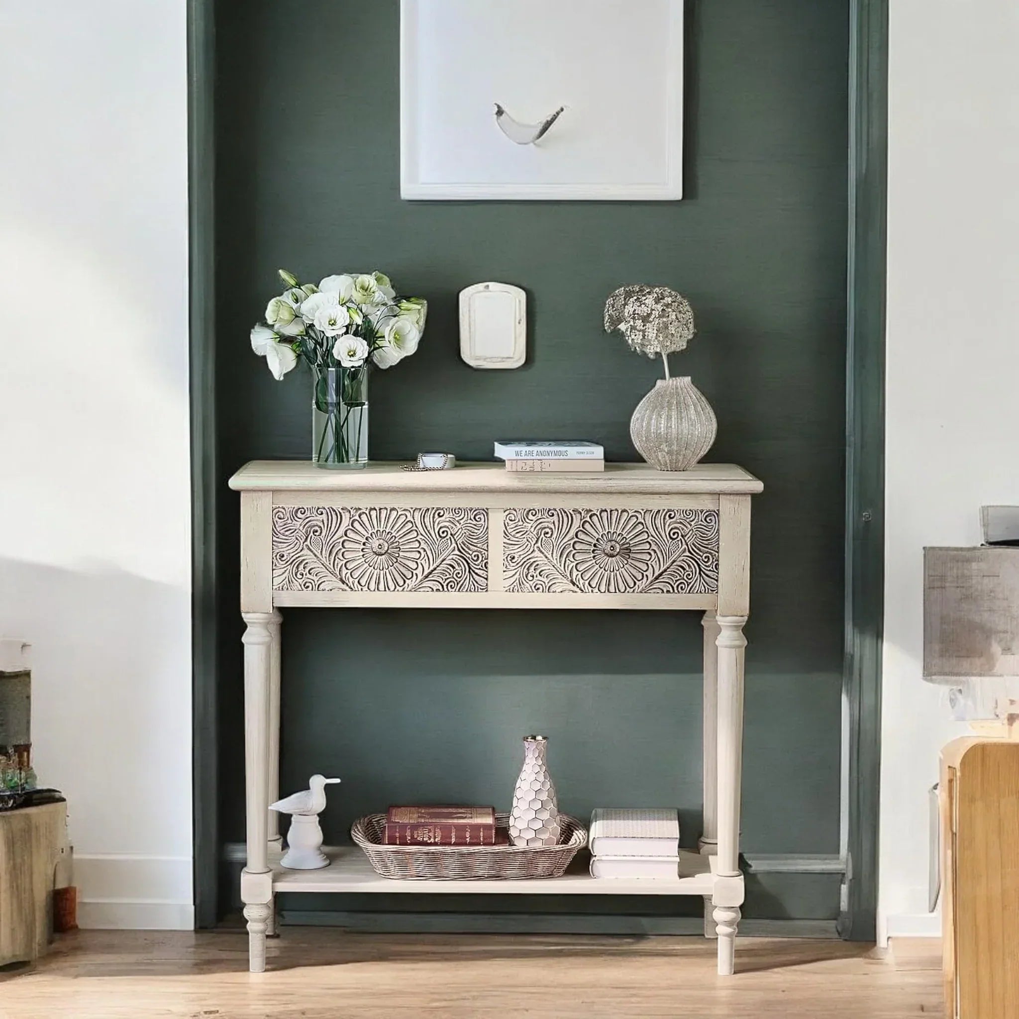 Vintage Carved Console Table with Floral Drawers and Bottom Shelf 