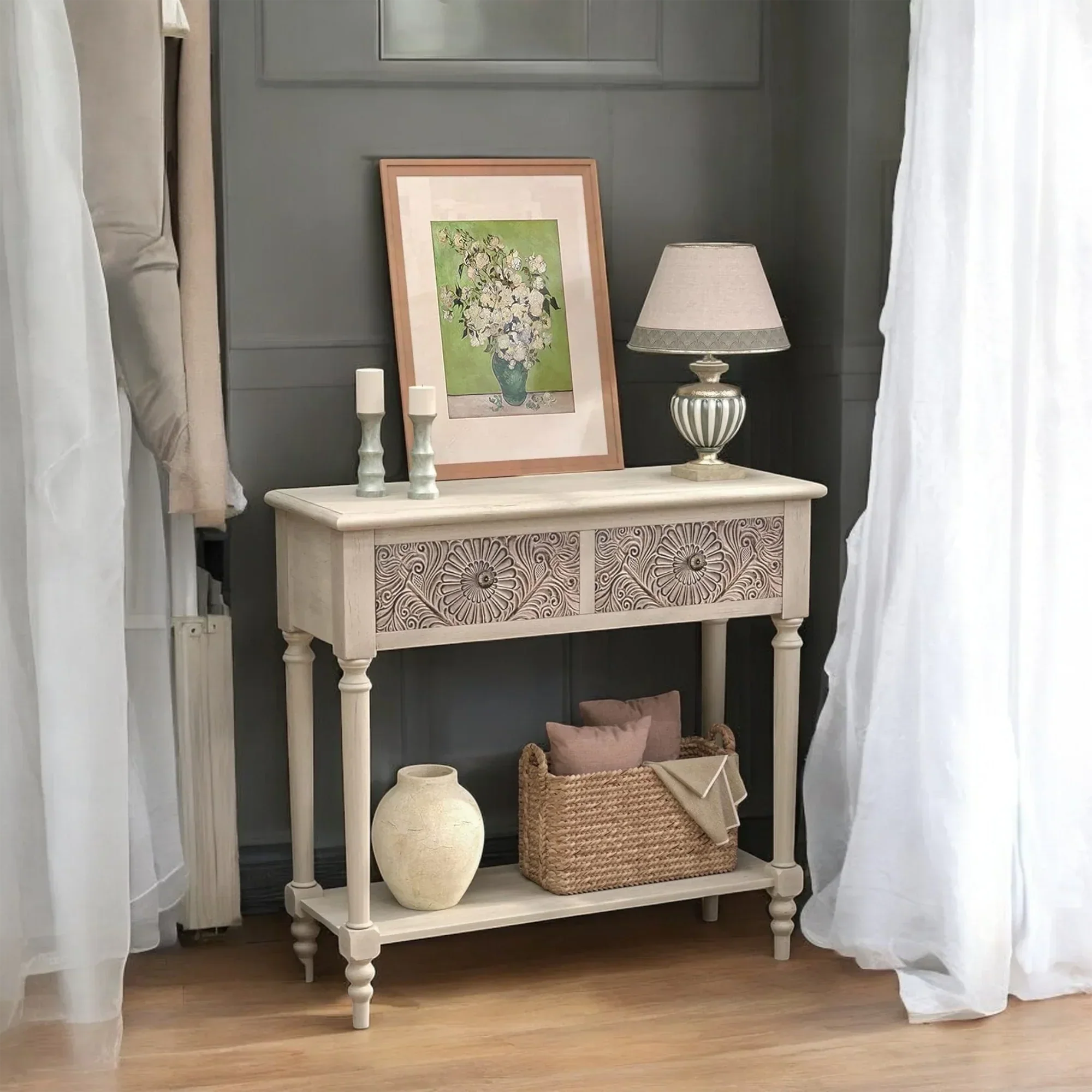 Vintage Carved Console Table with Floral Drawers and Bottom Shelf 