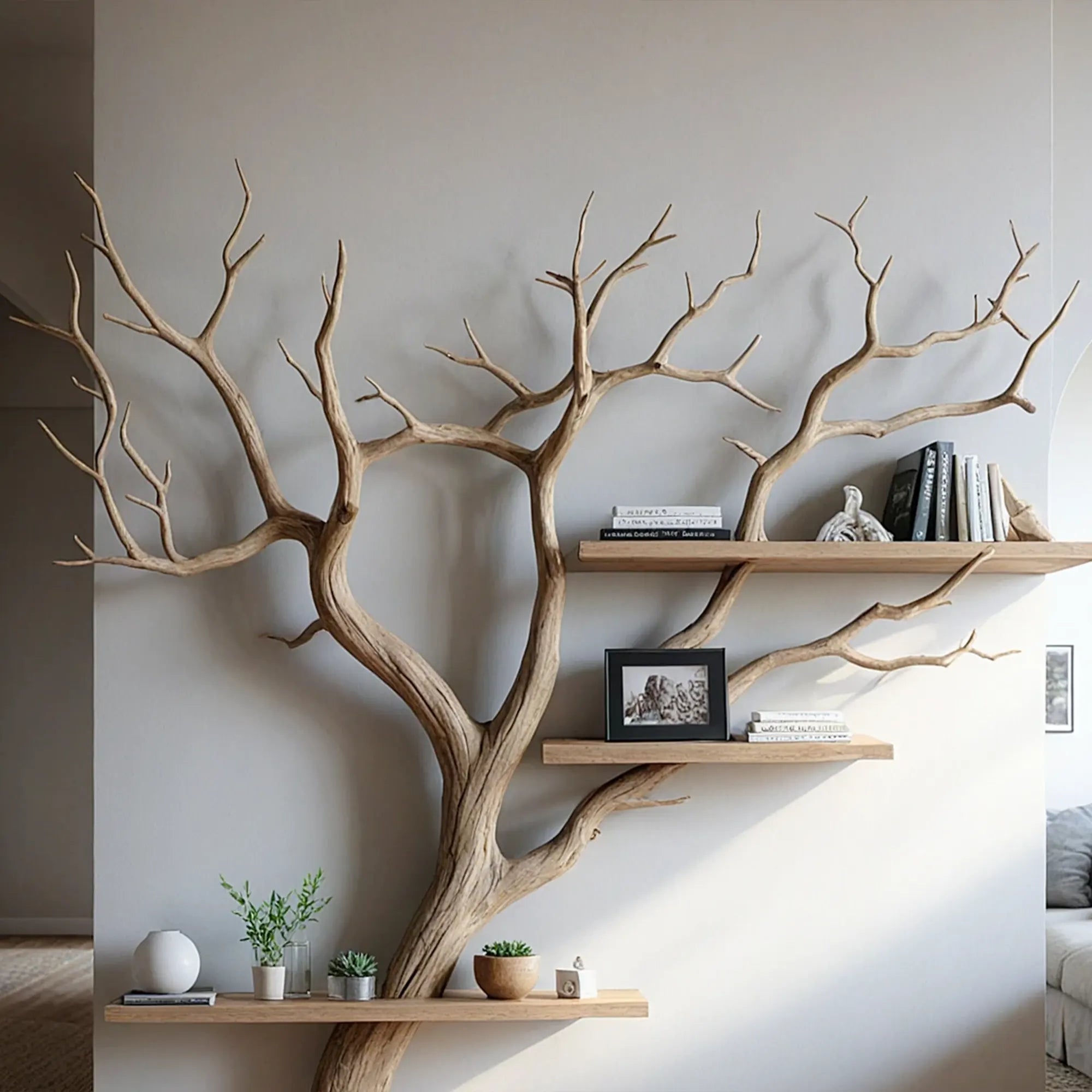 Tree branch bookshelf, entryway rustic console table, Driftwood farm console handmade christmas gift. 